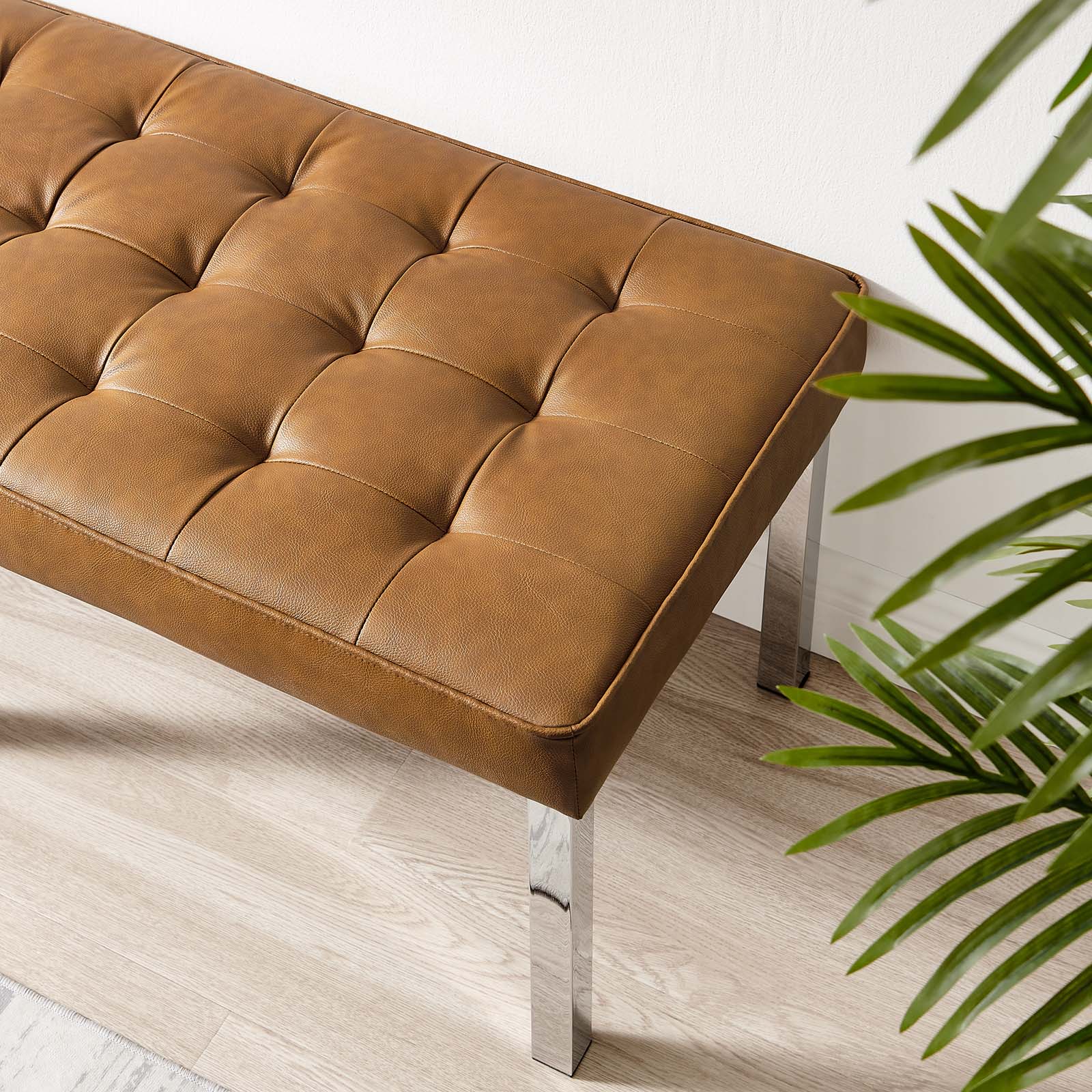 Modway Benches - Loft Tufted Large Upholstered Faux Leather Bench Silver Tan