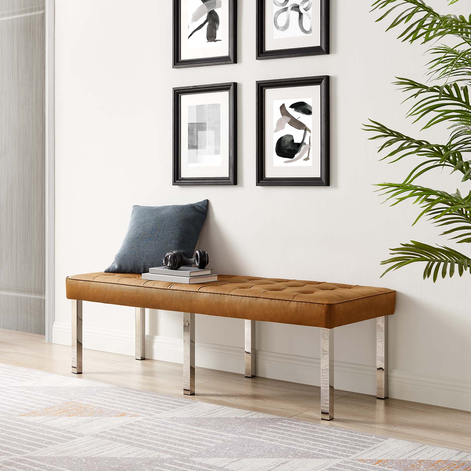 Modway Benches - Loft Tufted Large Upholstered Faux Leather Bench Silver Tan