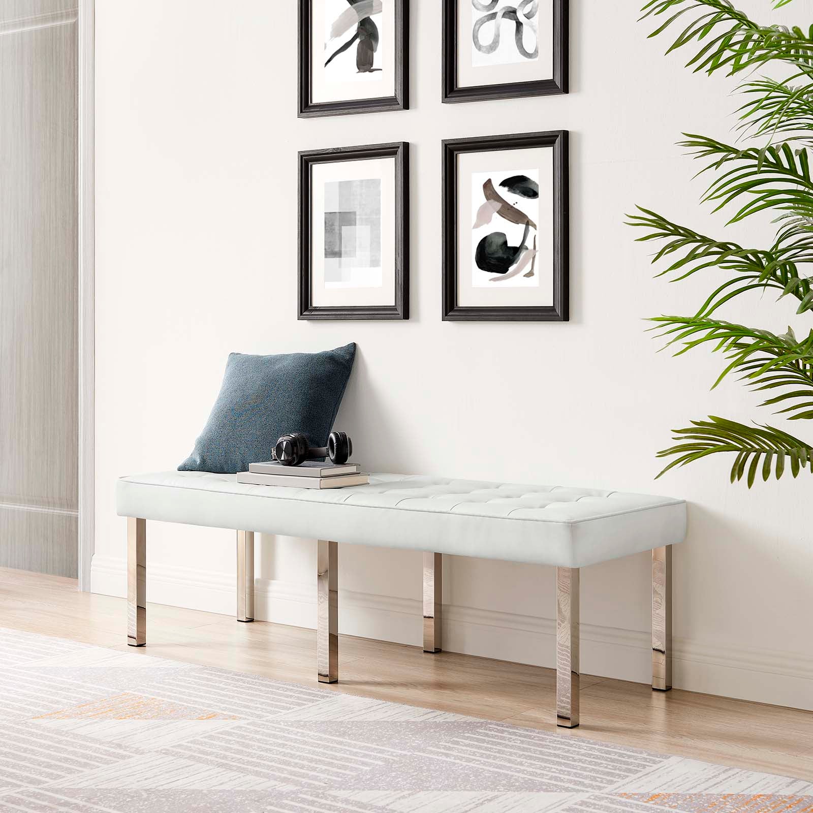 Modway Benches - Loft Tufted Large Upholstered Faux Leather Bench Silver White