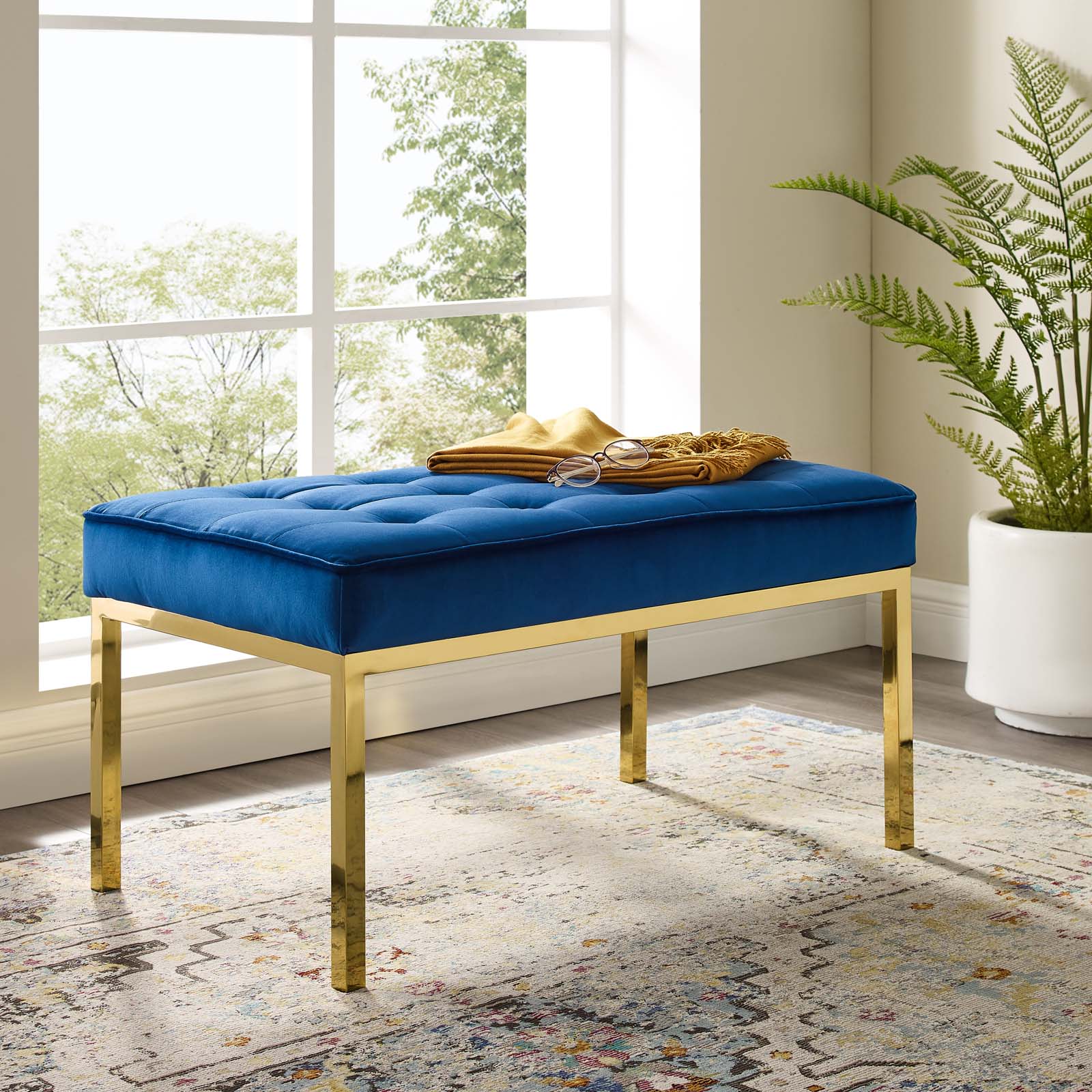 Modway Benches - Loft Gold Stainless Steel Leg Medium Performance Velvet Bench Gold Navy