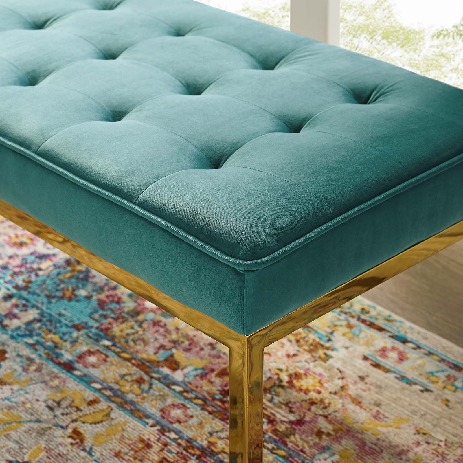 Modway Benches - Loft Gold Stainless Steel Leg Medium Performance Velvet Bench Gold Teal