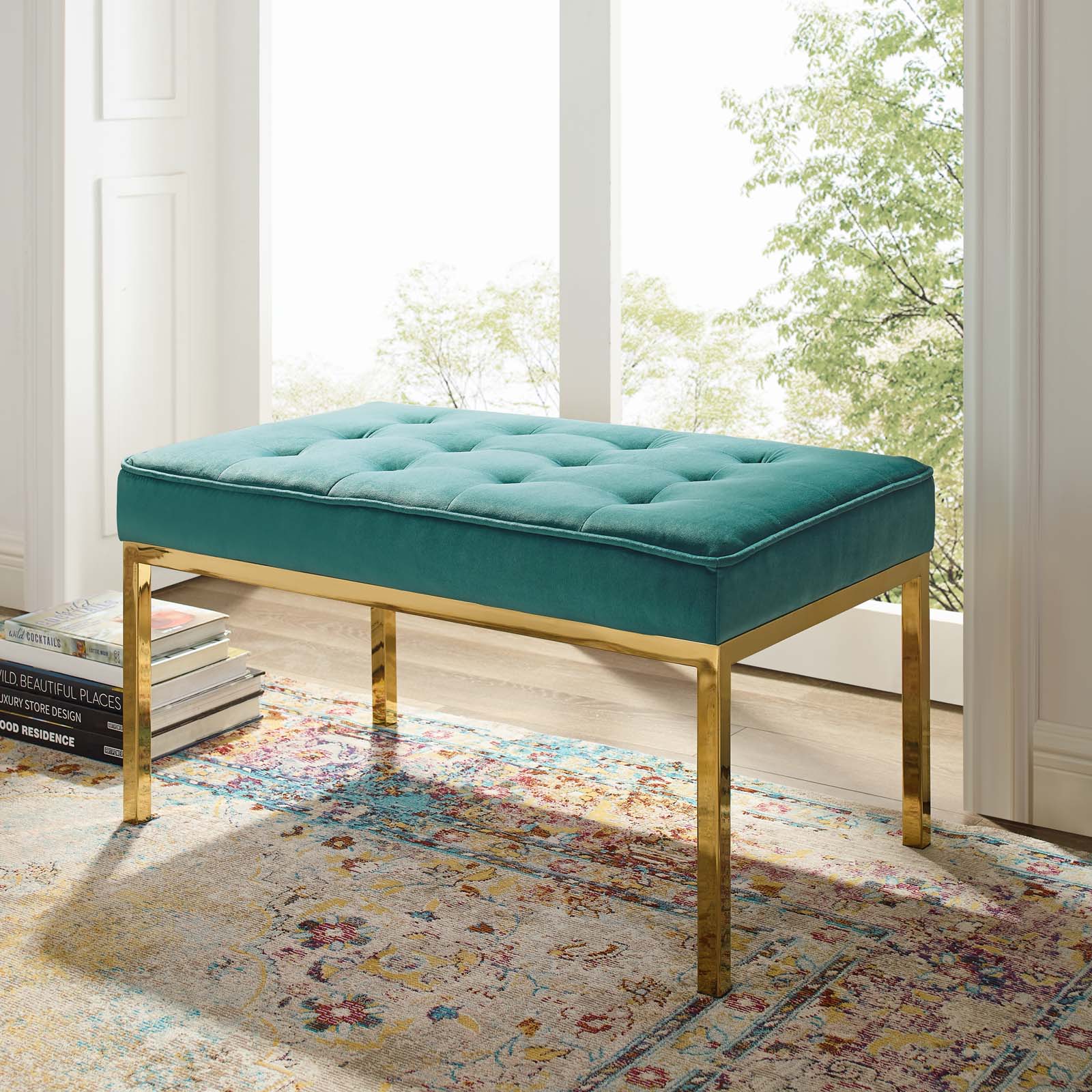 Modway Benches - Loft Gold Stainless Steel Leg Medium Performance Velvet Bench Gold Teal