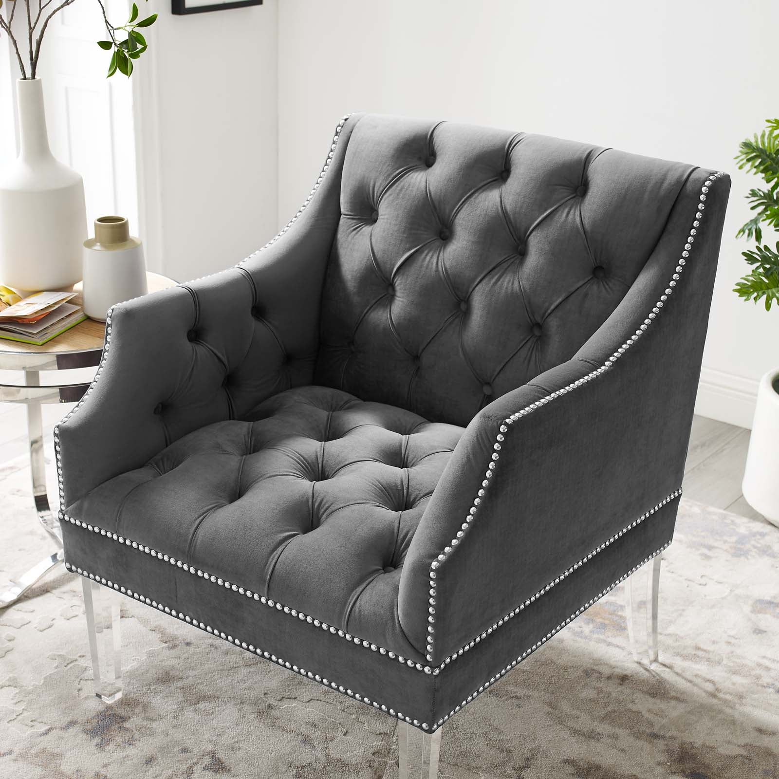 Modway Chairs - Proverbial Tufted Button Accent Performance Velvet Armchair Gray