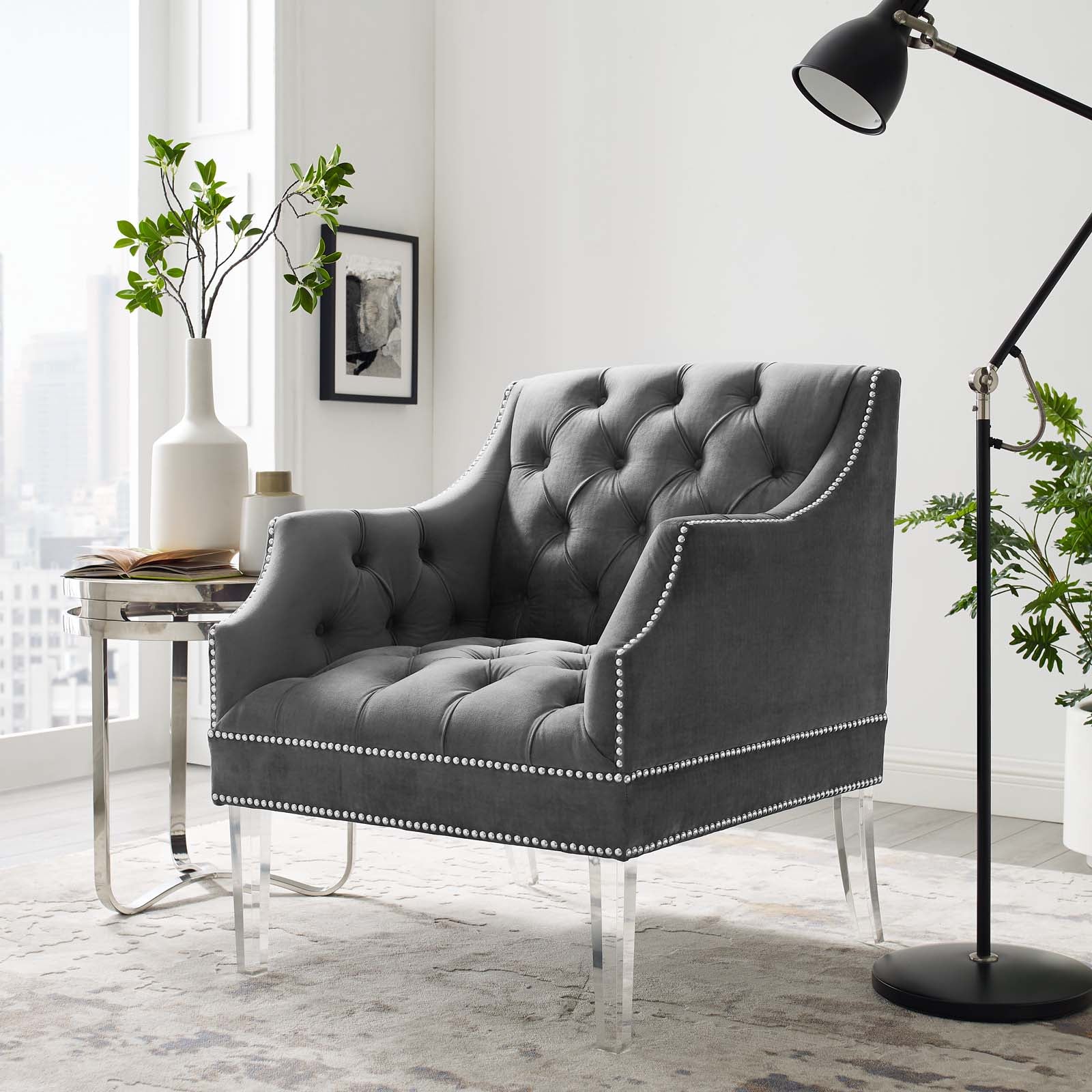 Modway Chairs - Proverbial Tufted Button Accent Performance Velvet Armchair Gray