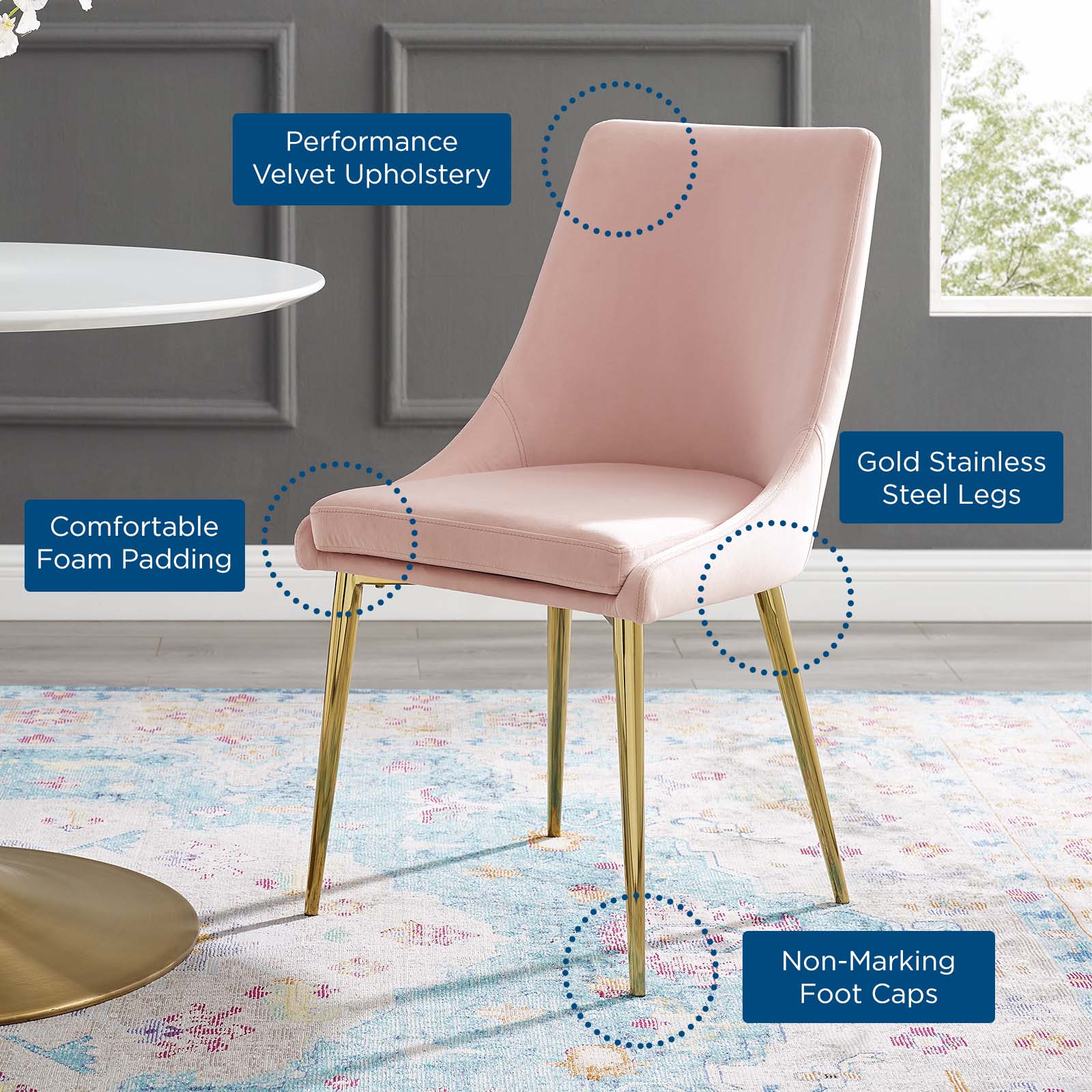 Modway Dining Chairs - Viscount Modern Accent Performance Velvet Dining Chair Pink