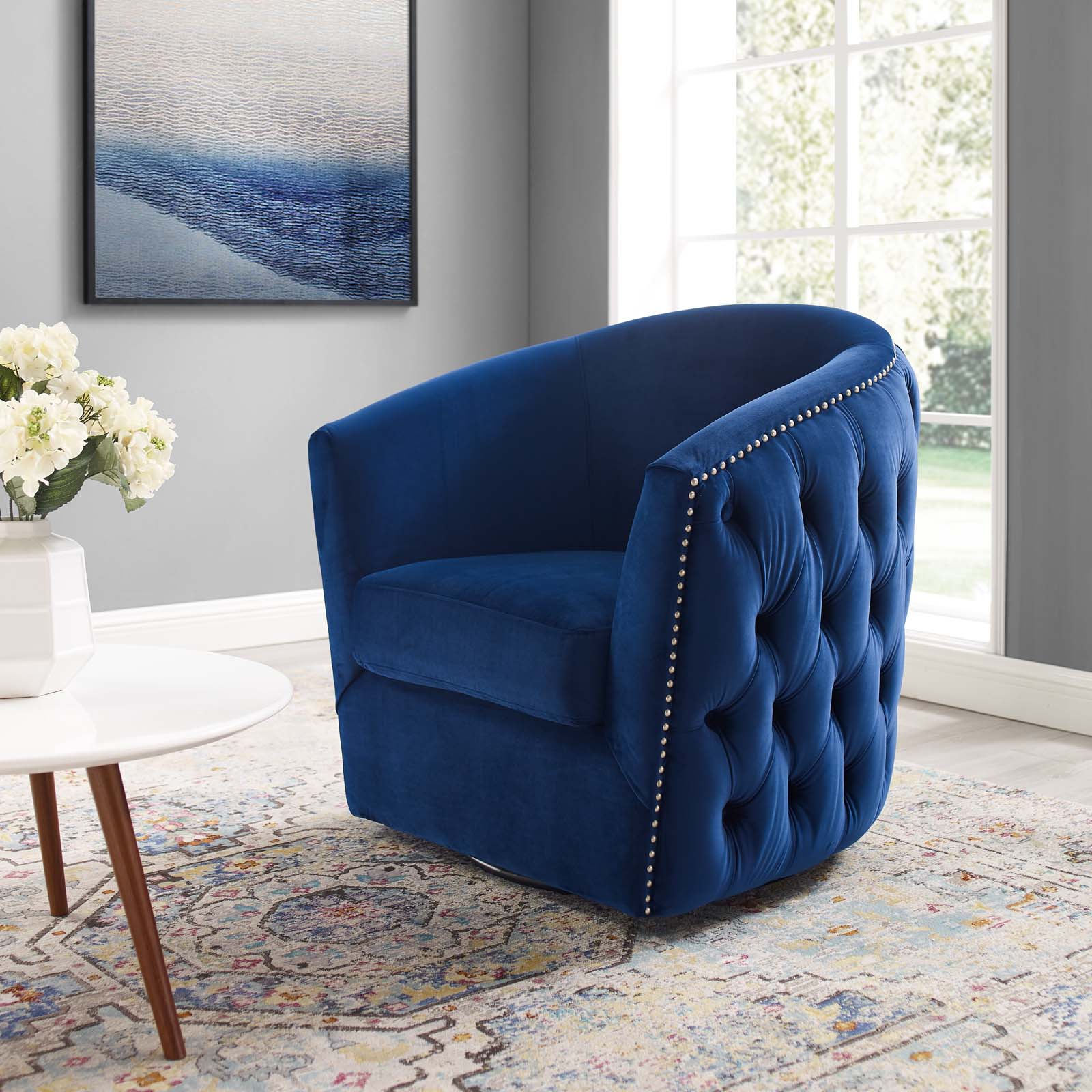 Rogue Swivel Performance Velvet Armchair Navy