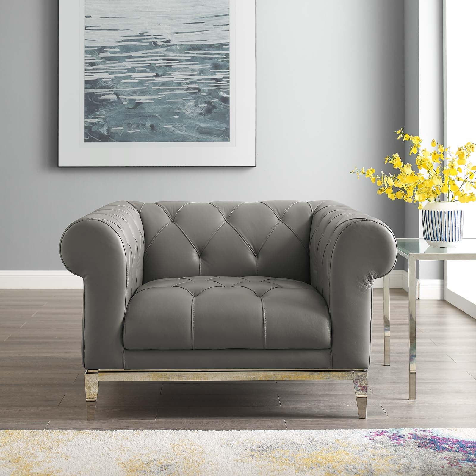 Modway Accent Chairs - Idyll-Tufted-Button-Upholstered-Leather-Chesterfield-Armchair-Gray