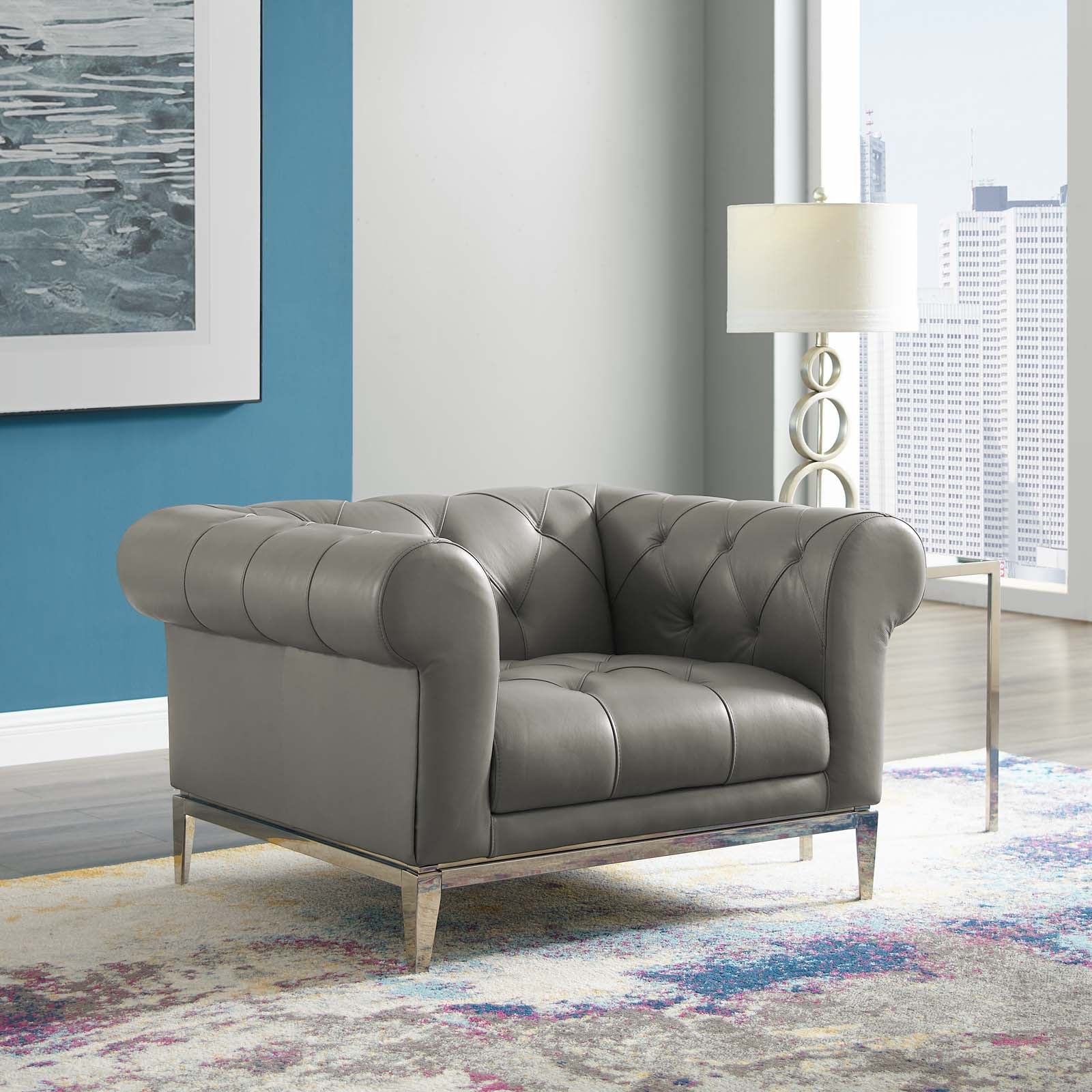 Modway Accent Chairs - Idyll-Tufted-Button-Upholstered-Leather-Chesterfield-Armchair-Gray
