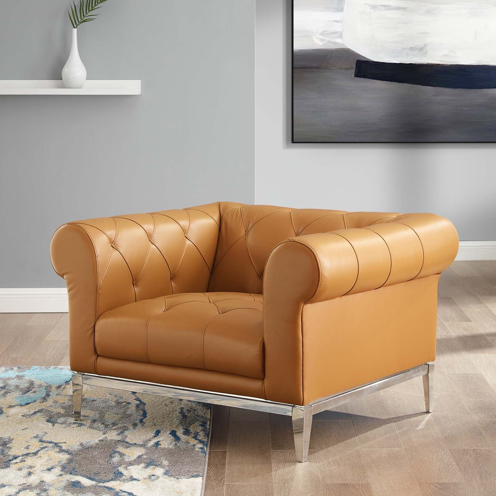 Modway Chairs - Idyll Tufted Button Upholstered Leather Chesterfield Armchair Tan