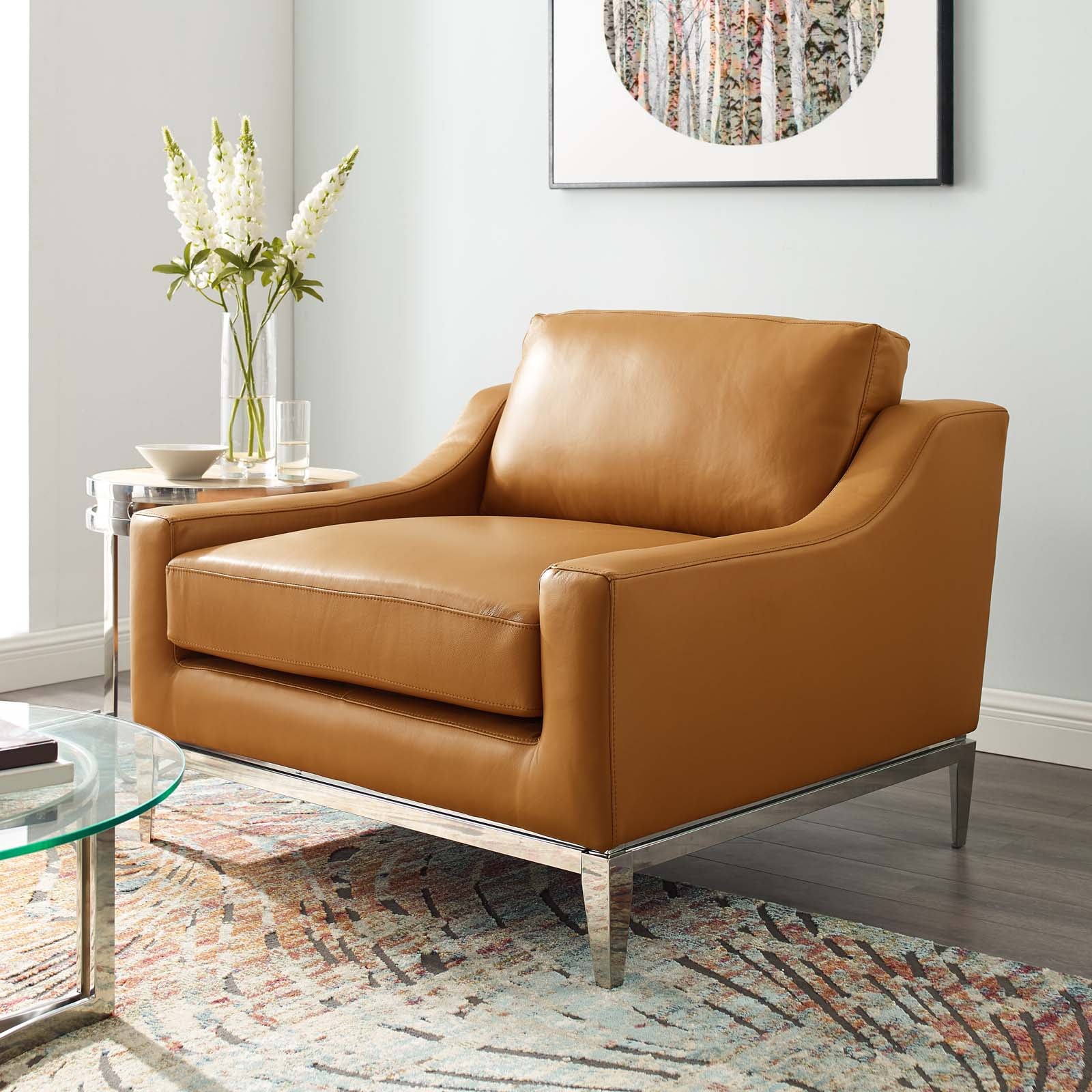 Modway Accent Chairs - Harness Stainless Steel Base Leather Armchair Tan