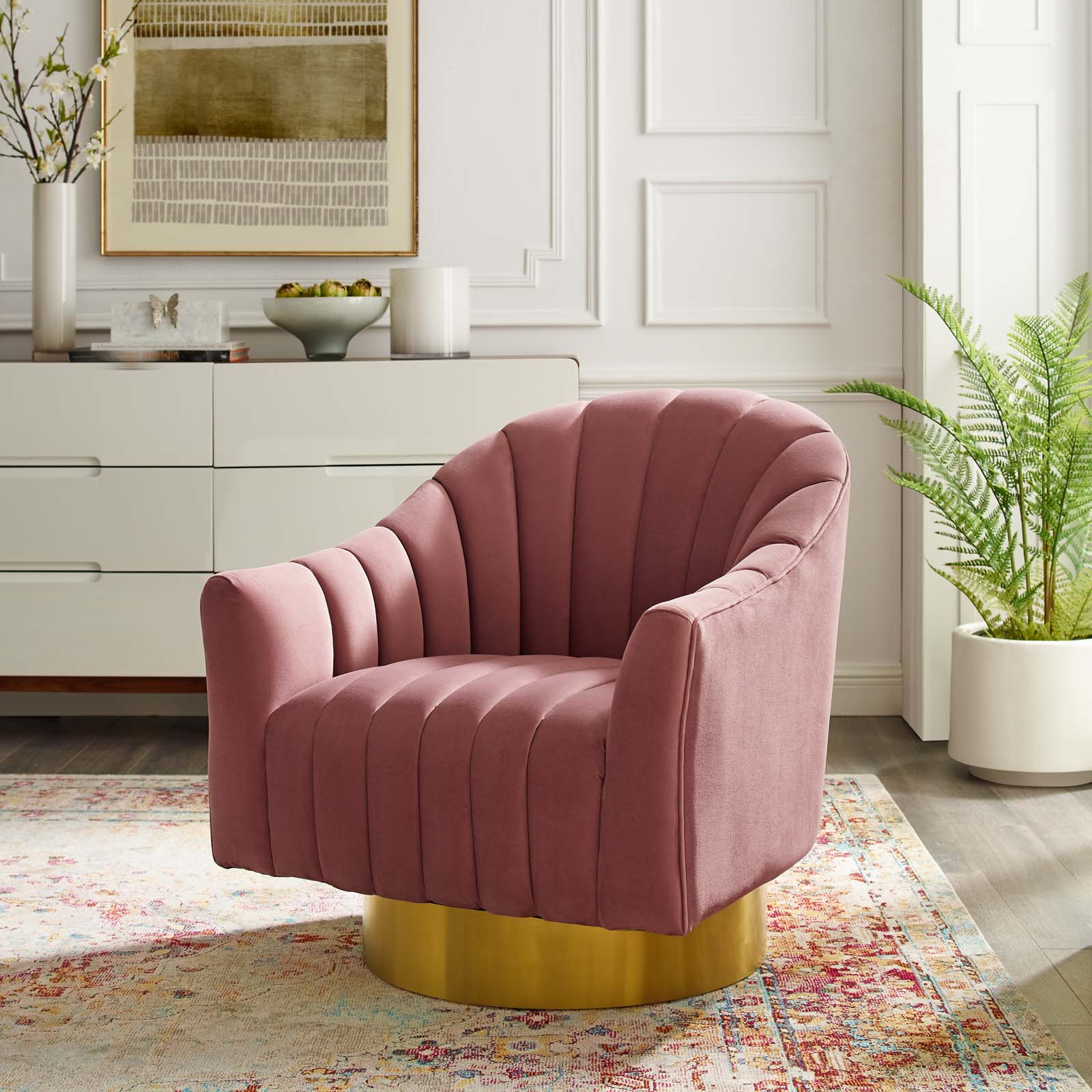 Modway Accent Chairs - Buoyant Vertical Channel Tufted Accent Lounge Performance Velvet Swivel Chair Dusty Rose
