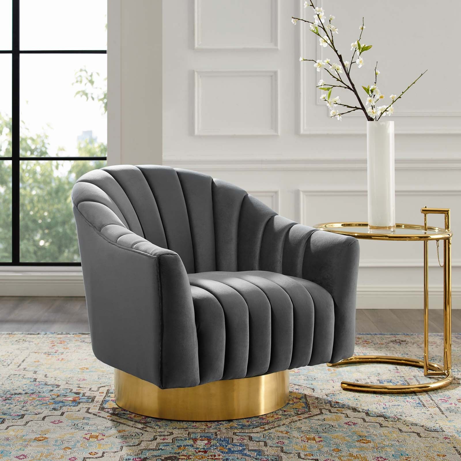 Modway Accent Chairs - Buoyant Vertical Channel Tufted Accent Lounge Performance Velvet Swivel Chair Gray