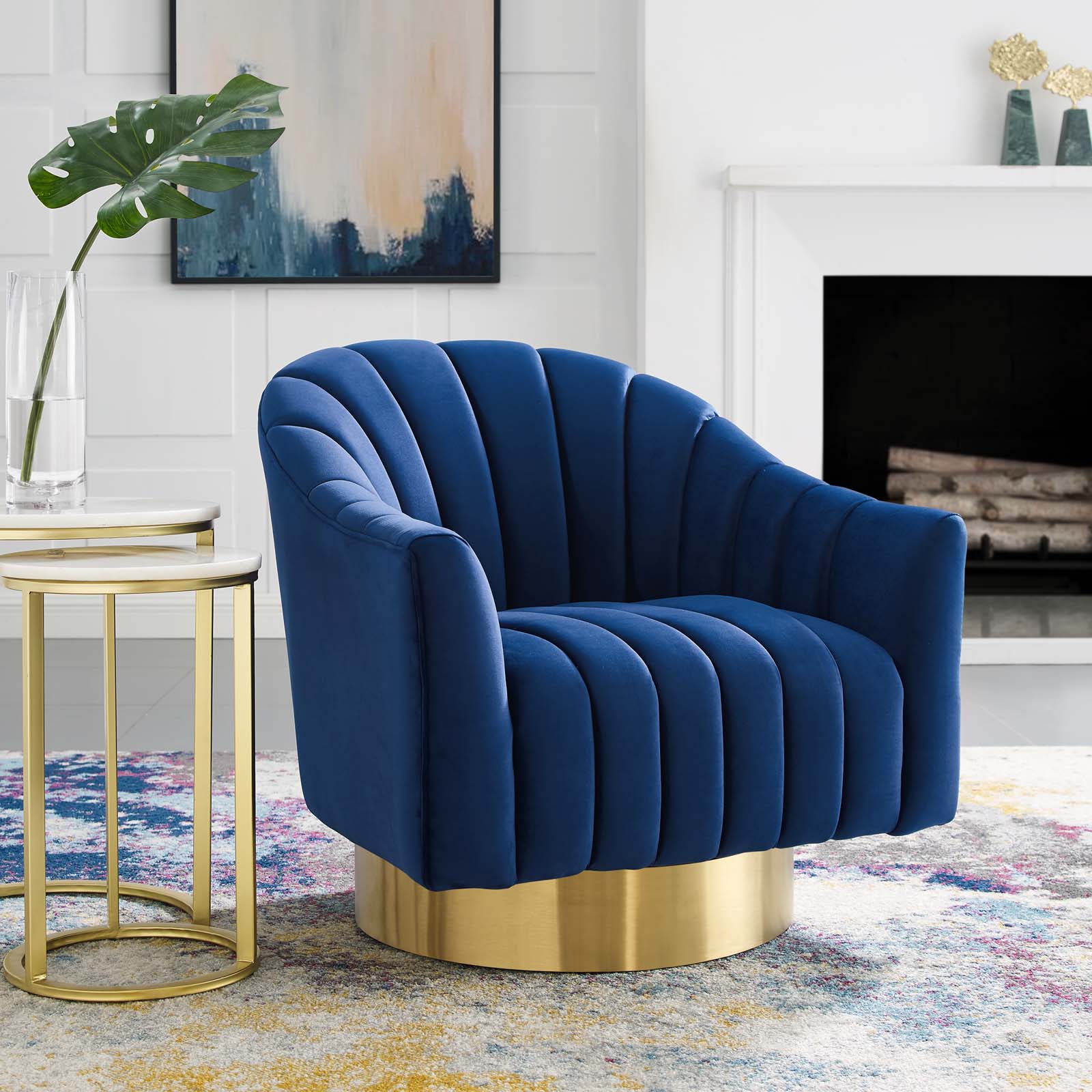 Modway Accent Chairs - Buoyant Vertical Channel Tufted Accent Lounge Performance Velvet Swivel Chair Navy