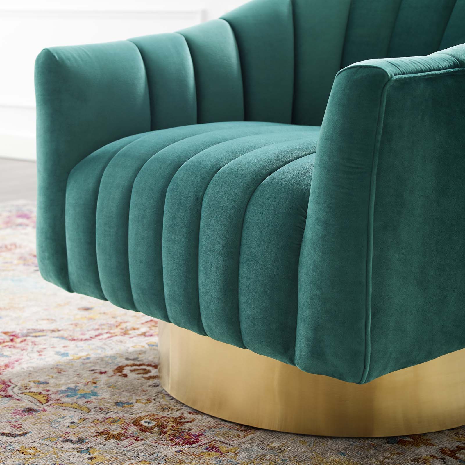 Modway Accent Chairs - Buoyant Vertical Channel Tufted Accent Lounge Performance Velvet Swivel Chair Teal