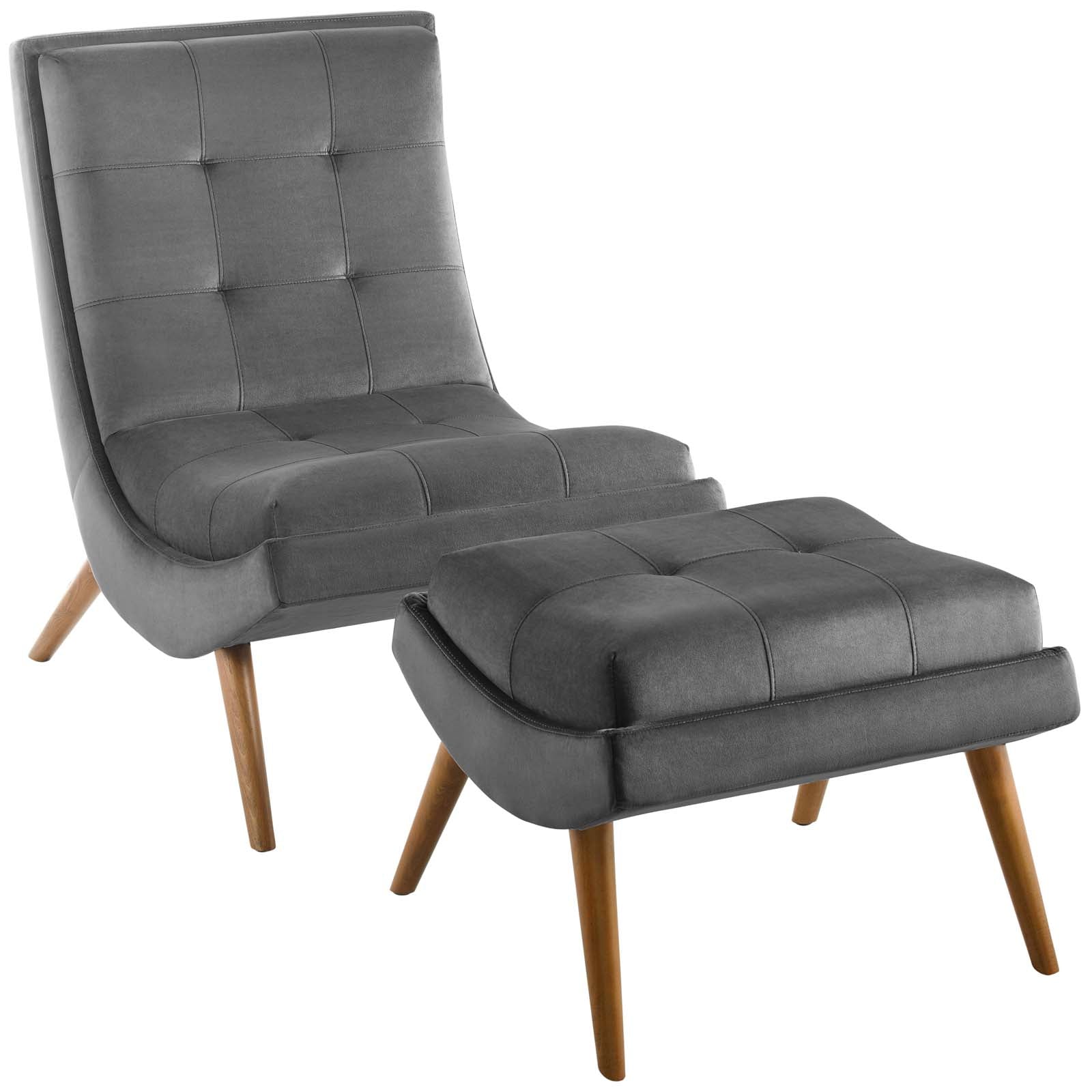 Modway Living Room Sets - Ramp Upholstered Performance Velvet Lounge Chair and Ottoman Set Gray