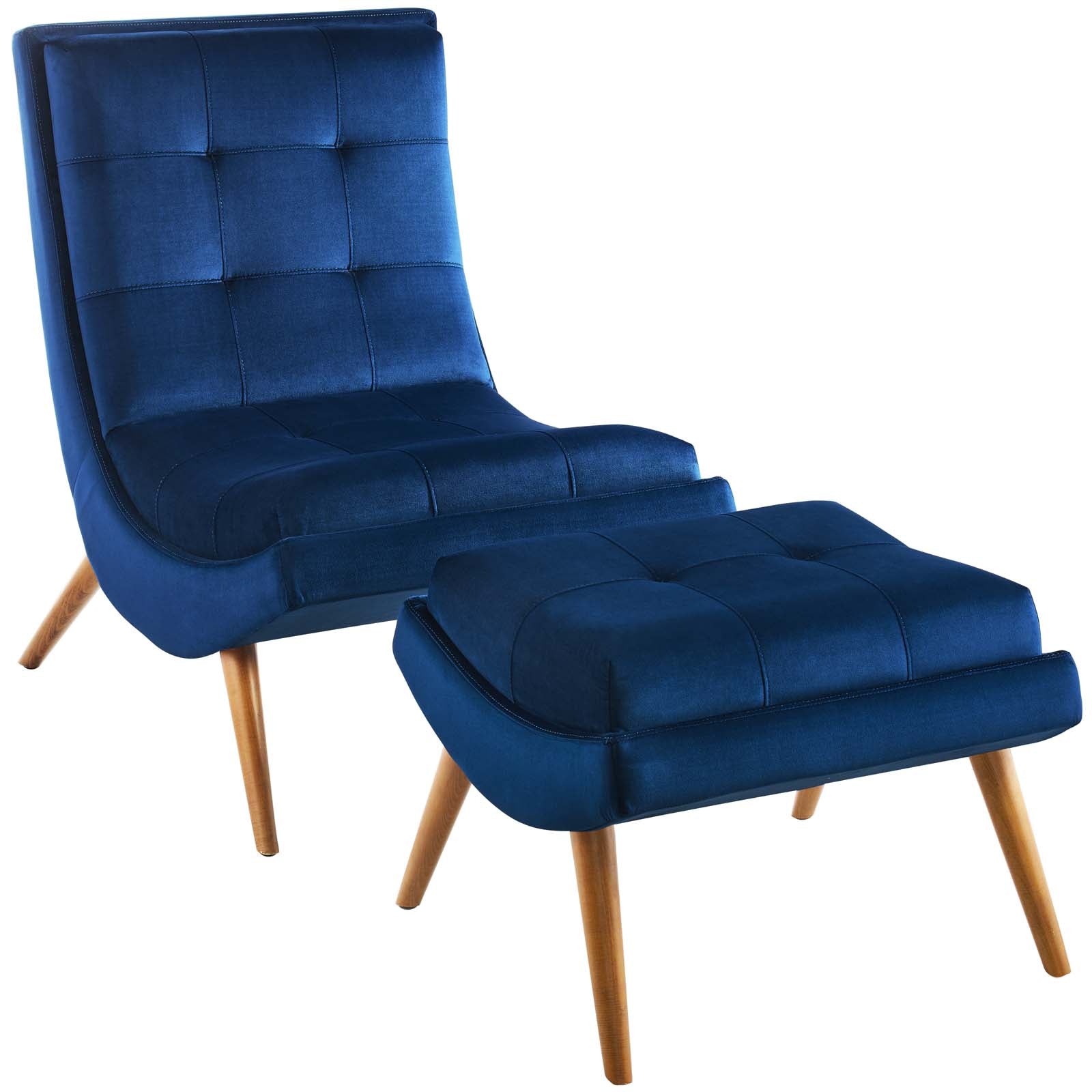 Modway Living Room Sets - Ramp Upholstered Performance Velvet Lounge Chair and Ottoman Set Navy