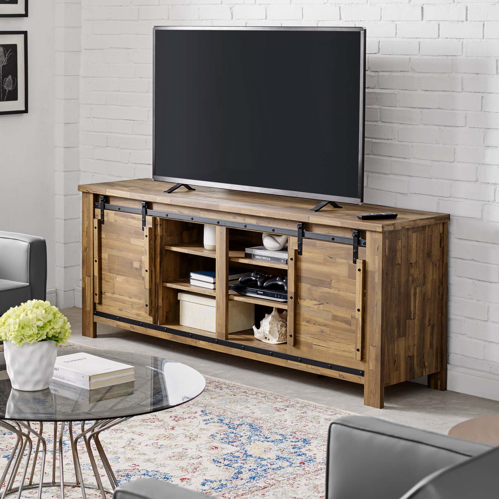 Modway TV & Media Units - Cheshire 71" Rustic Sliding Door TV Stand Walnut