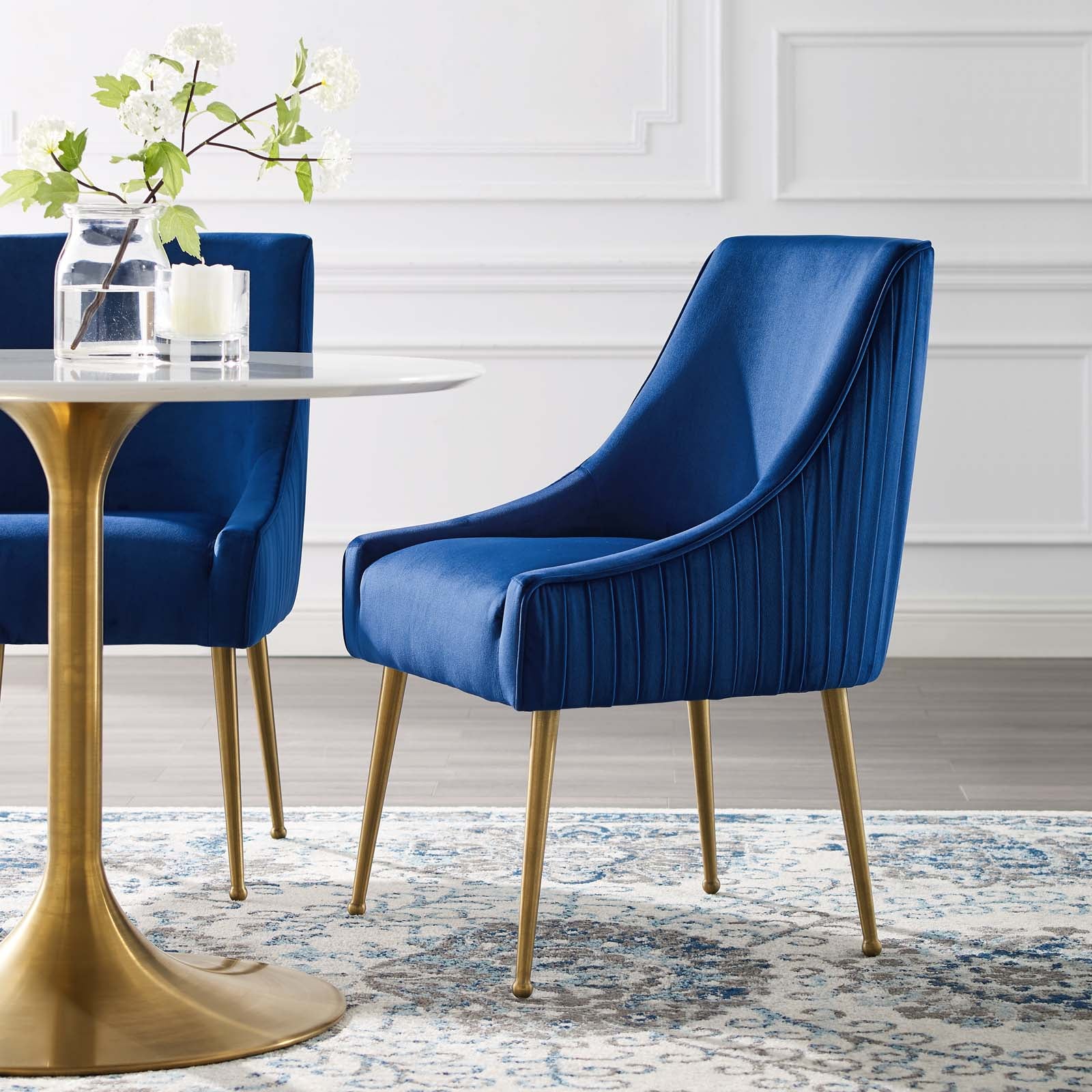 Modway Dining Chairs - Discern Pleated Back Upholstered Performance Velvet Dining Chair Navy
