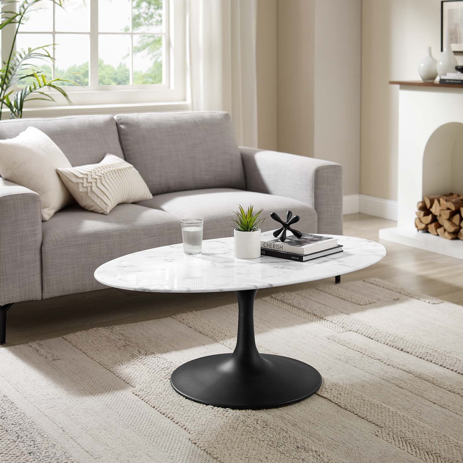 Modway Coffee Tables - Lippa 42" Oval Marble Coffee Table Black & White