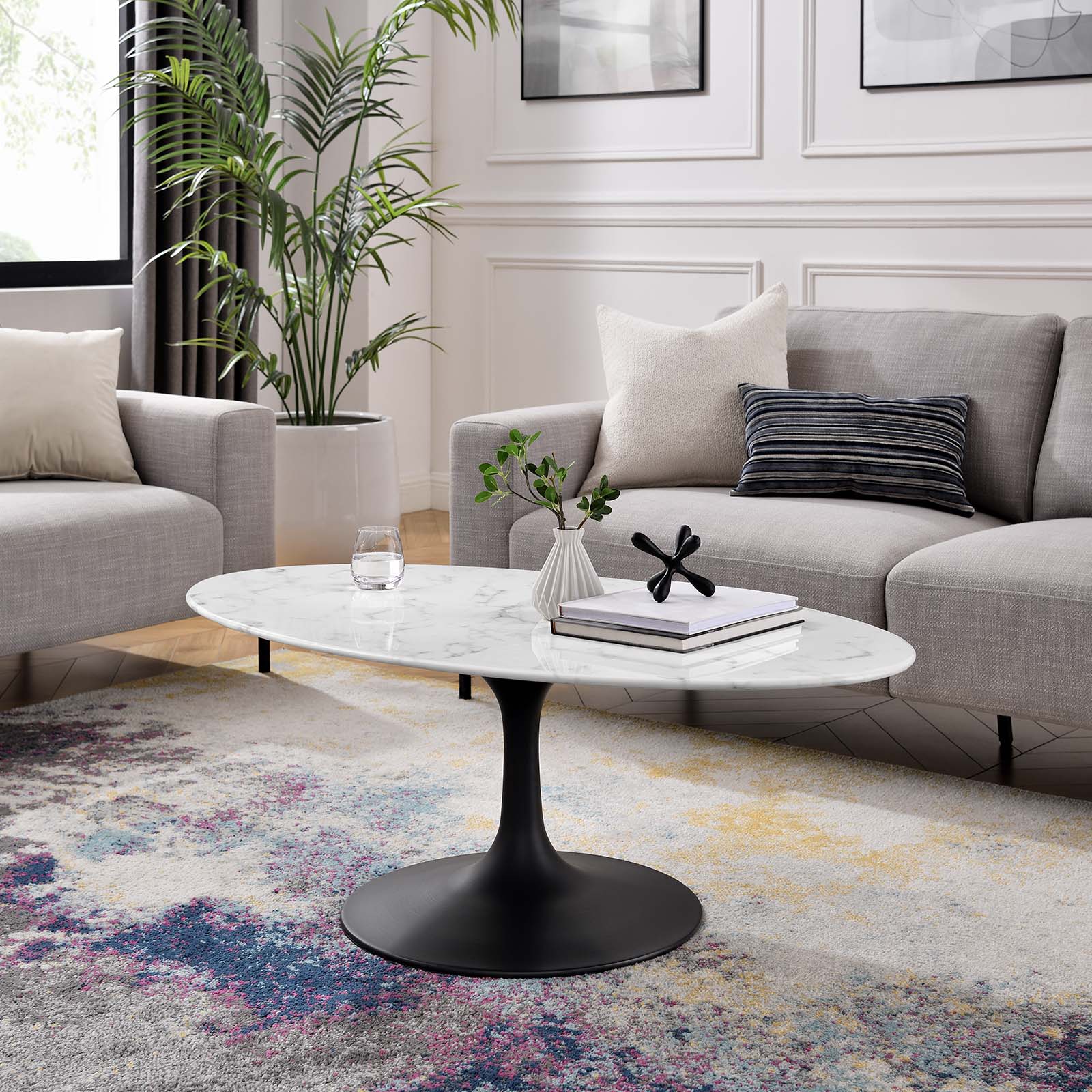 Modway Coffee Tables - Lippa 48" Oval-Shaped Artificial Marble Coffee Table Black White