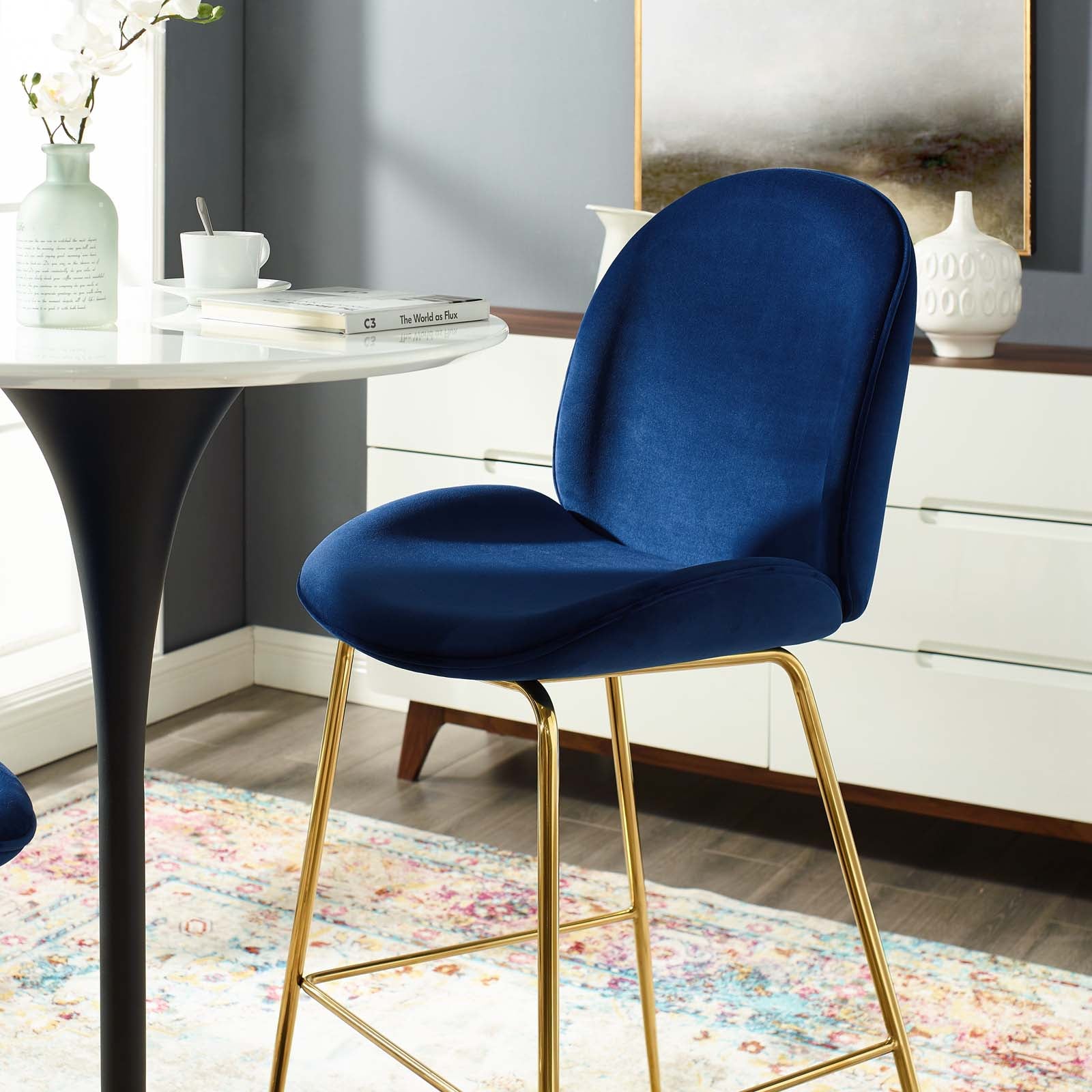 Scoop Gold Stainless Steel Leg Performance Velvet Bar Stool Navy