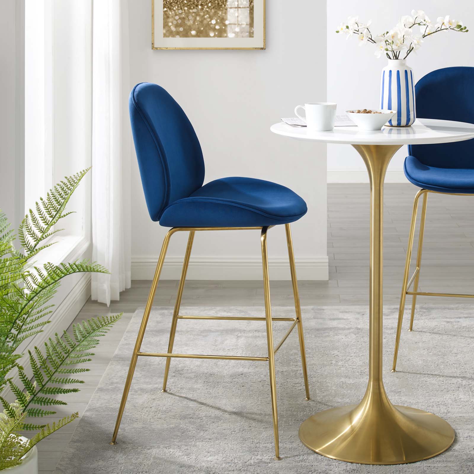 Scoop Gold Stainless Steel Leg Performance Velvet Bar Stool Navy