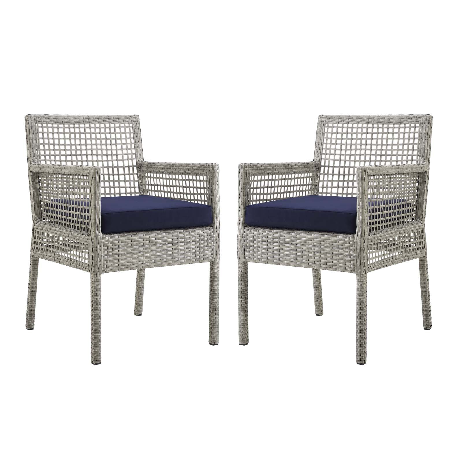 Modway Outdoor Dining Chairs - Aura Dining Armchair Outdoor Patio Wicker Rattan Set of 2 Gray Navy