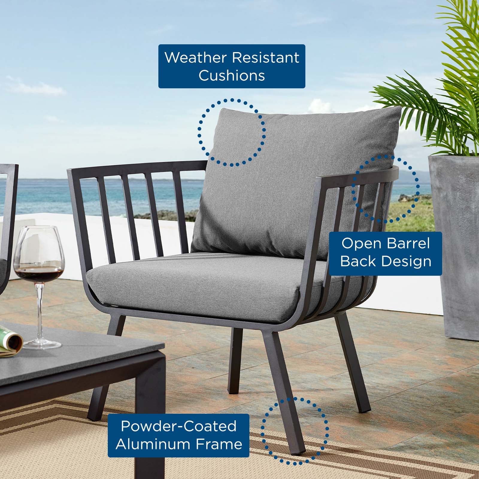 Modway Outdoor Chairs - Riverside Outdoor Patio Aluminum Armchair Gray Charcoal