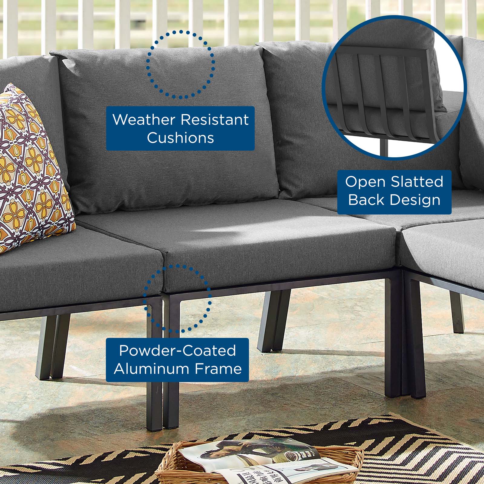 Modway Outdoor Chairs - Riverside Outdoor Patio Aluminum Armless Chair Gray Charcoal