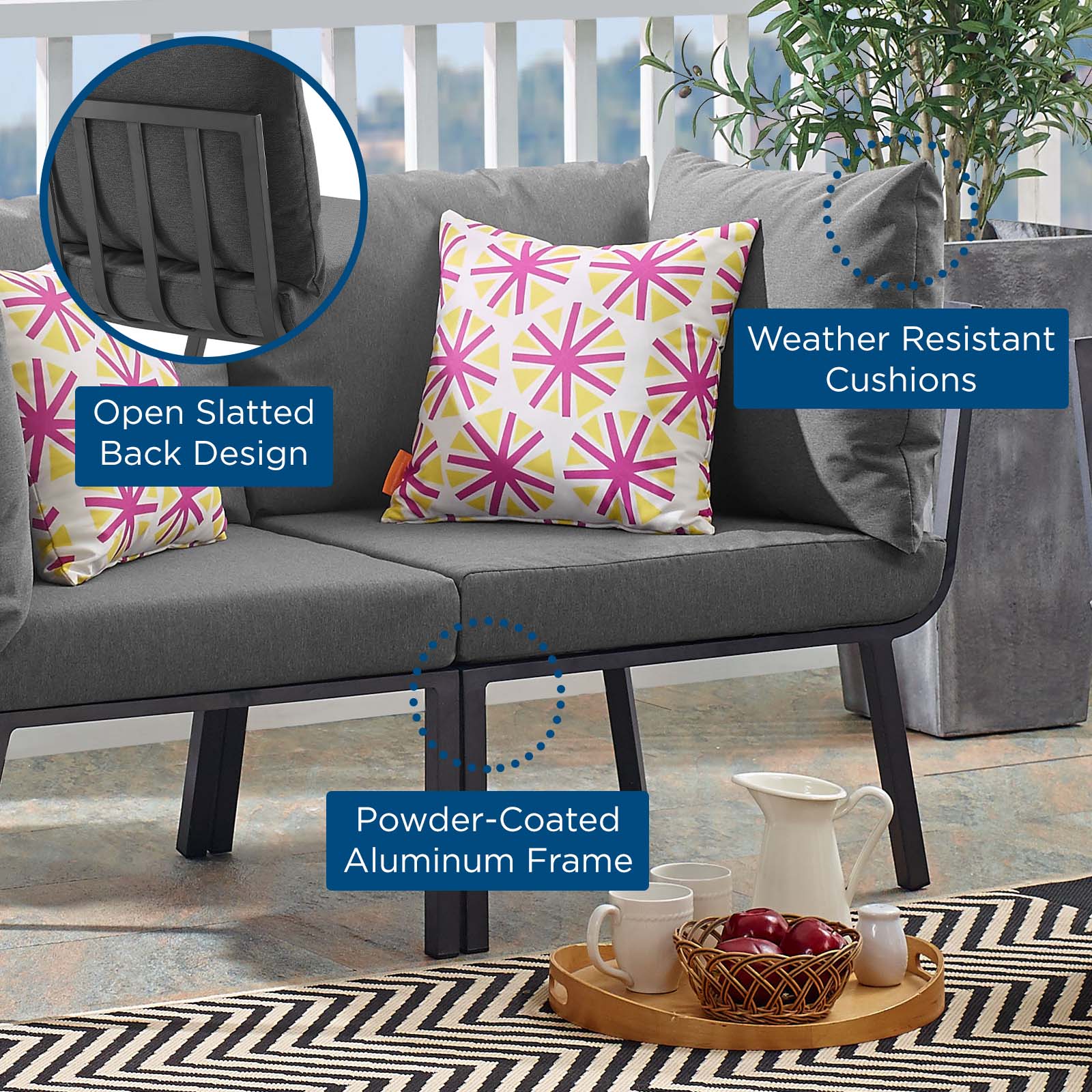 Modway Outdoor Chairs - Riverside Outdoor Patio Aluminum Corner Chair Gray Charcoal
