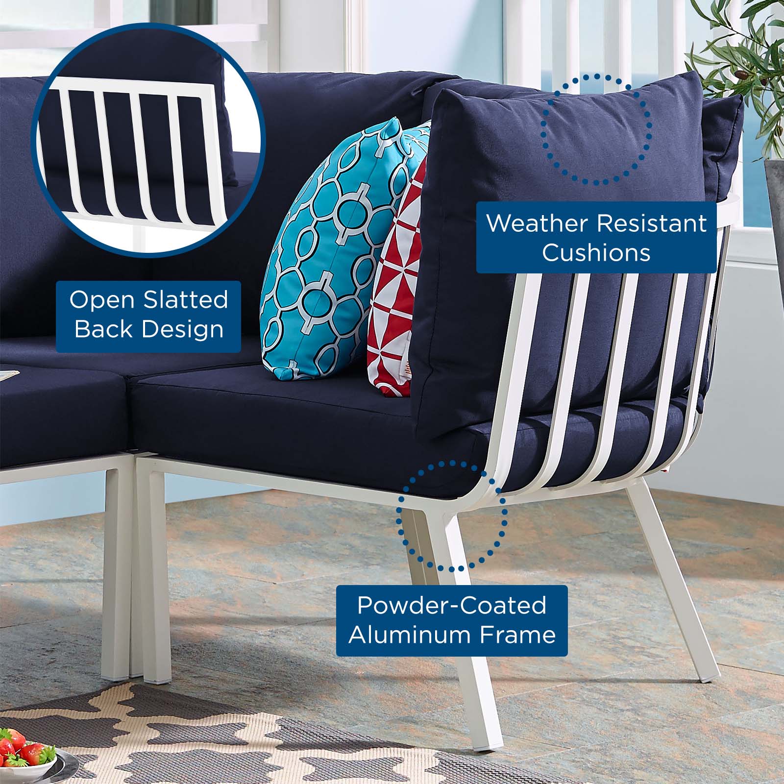 Modway Outdoor Chairs - Riverside Outdoor Patio Aluminum Corner Chair White Navy