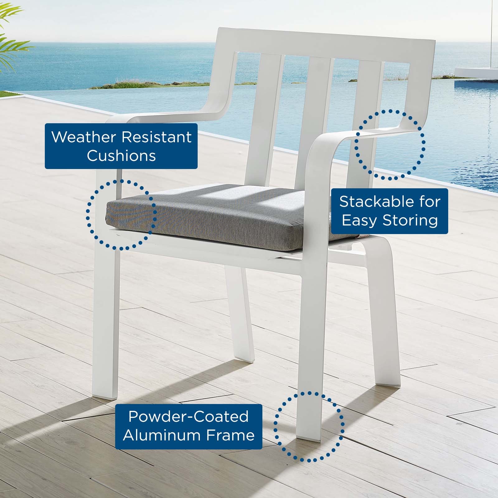 Modway Outdoor Dining Chairs - Baxley Stackable Outdoor Patio Aluminum Dining Armchair White Gray