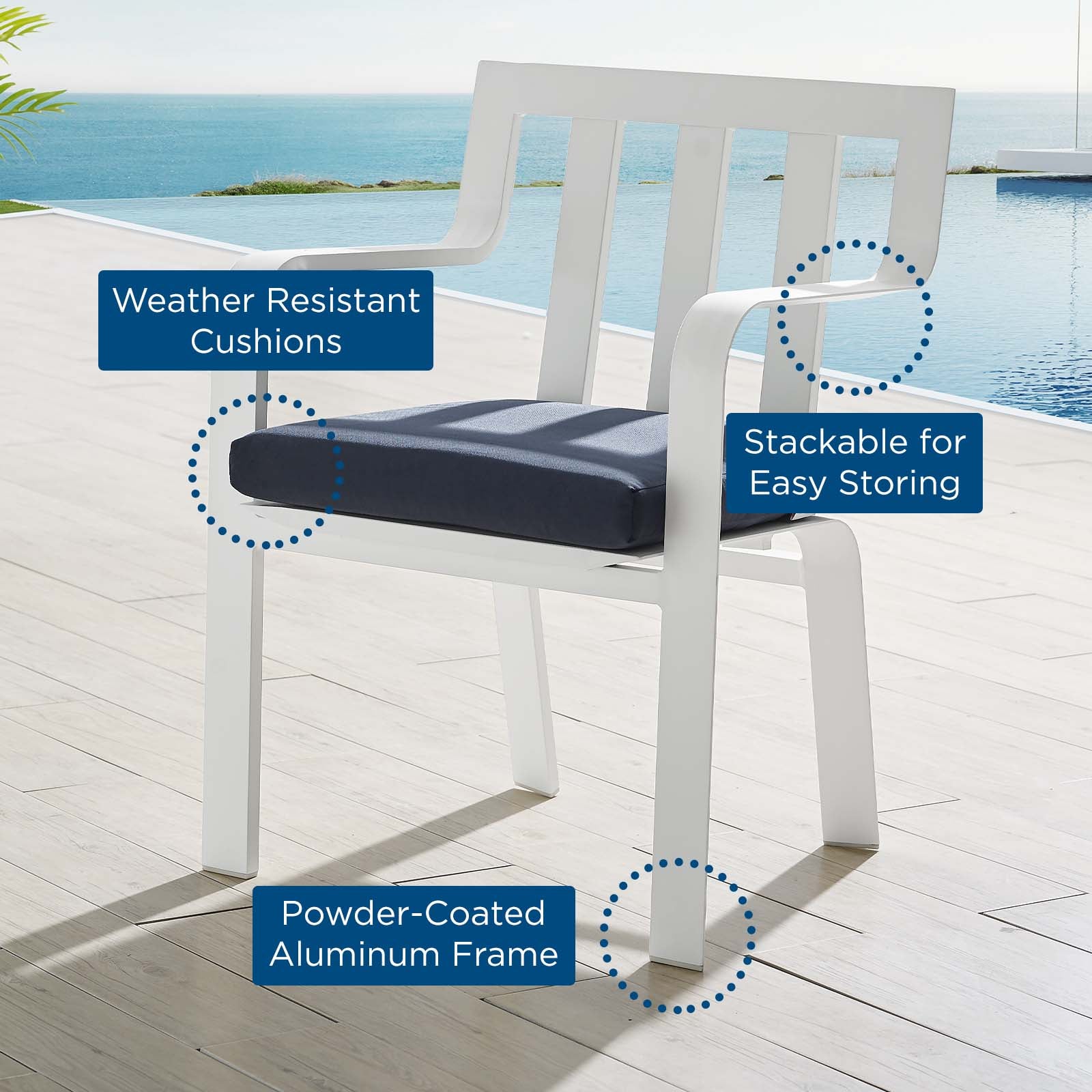 Modway Outdoor Dining Chairs - Baxley Stackable Outdoor Patio Aluminum Dining Armchair White Navy