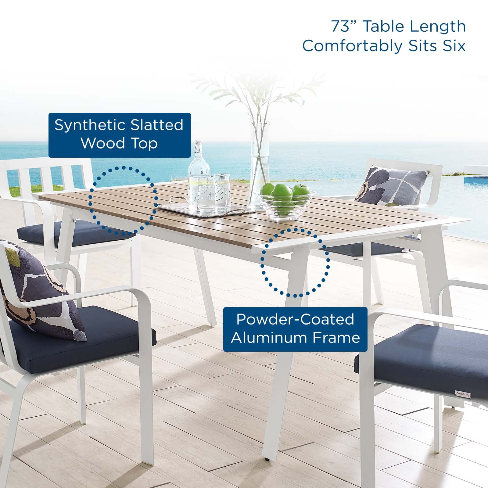 Modway Outdoor Dining Tables - Roanoke 73" Outdoor Patio Aluminum Dining Table White Natural