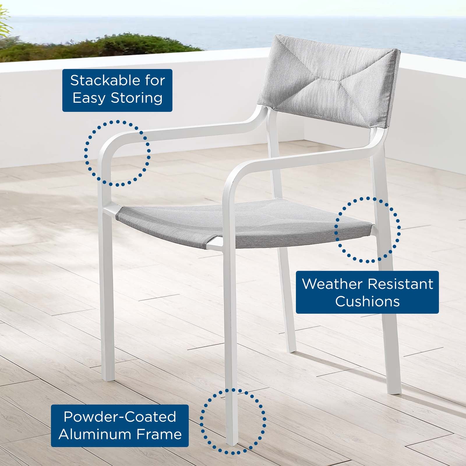 Modway Outdoor Dining Chairs - Raleigh Stackable Outdoor Patio Aluminum Dining Armchair White Gray