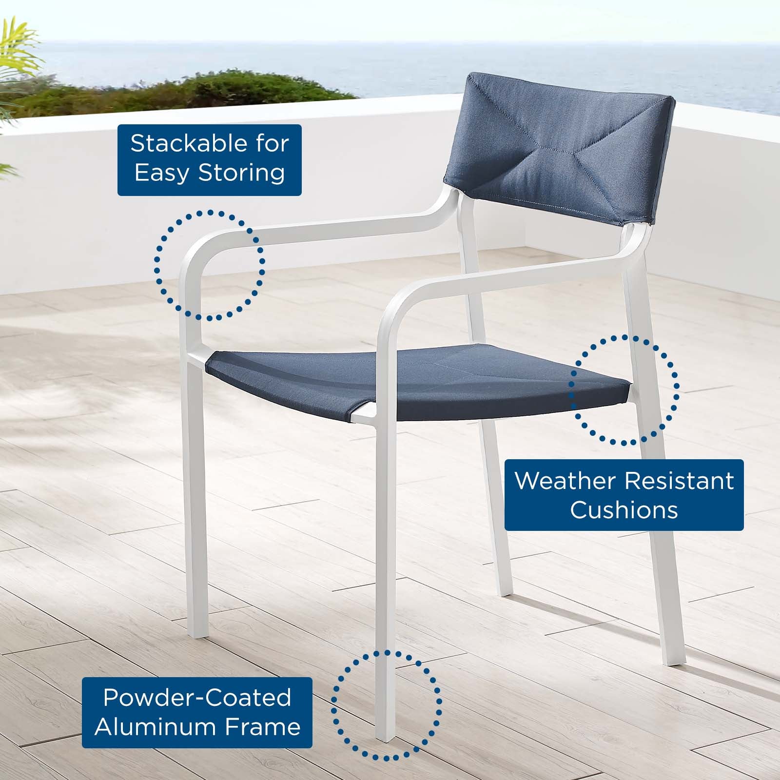 Modway Outdoor Dining Chairs - Raleigh Stackable Outdoor Patio Aluminum Dining Armchair White Navy