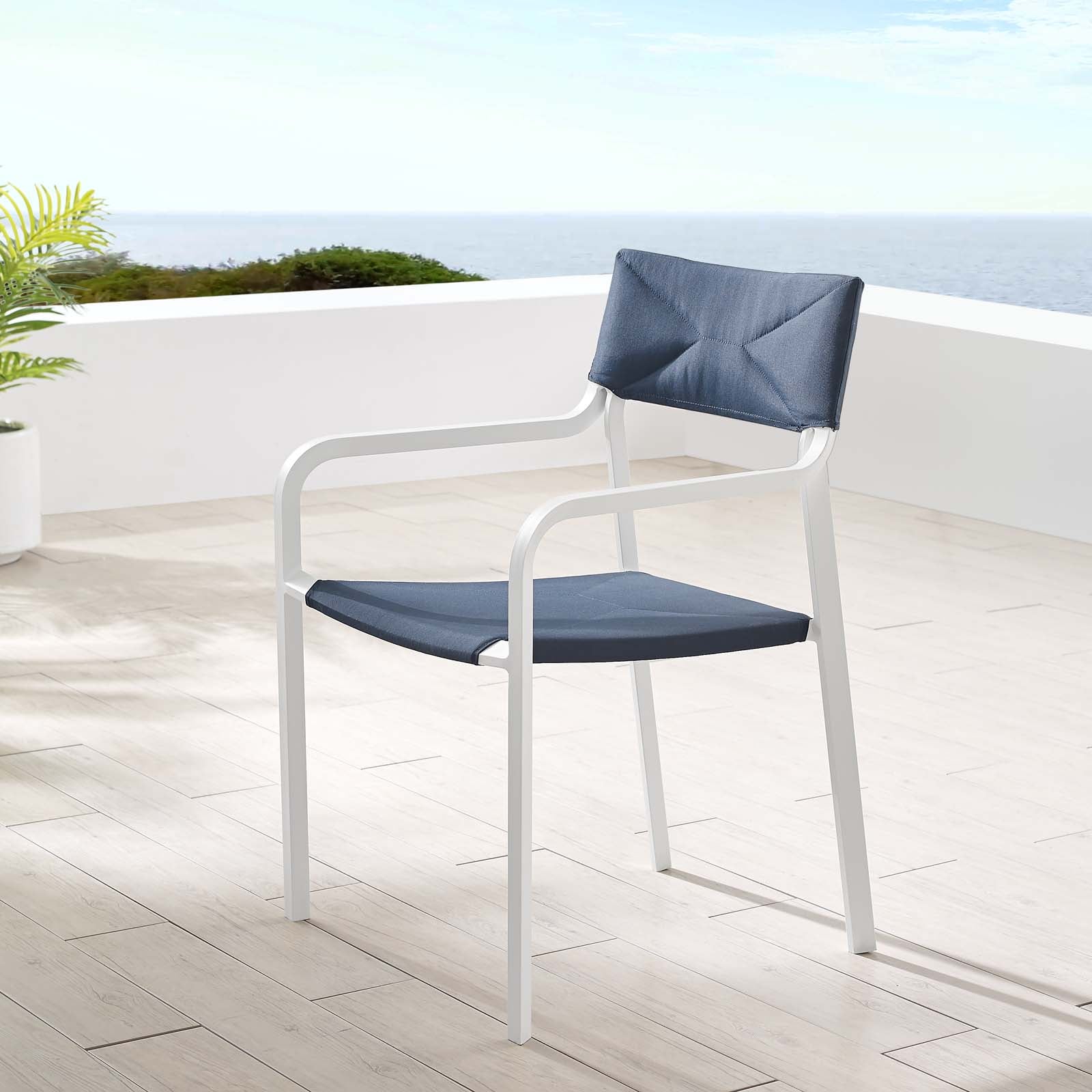 Modway Outdoor Dining Chairs - Raleigh Stackable Outdoor Patio Aluminum Dining Armchair White Navy