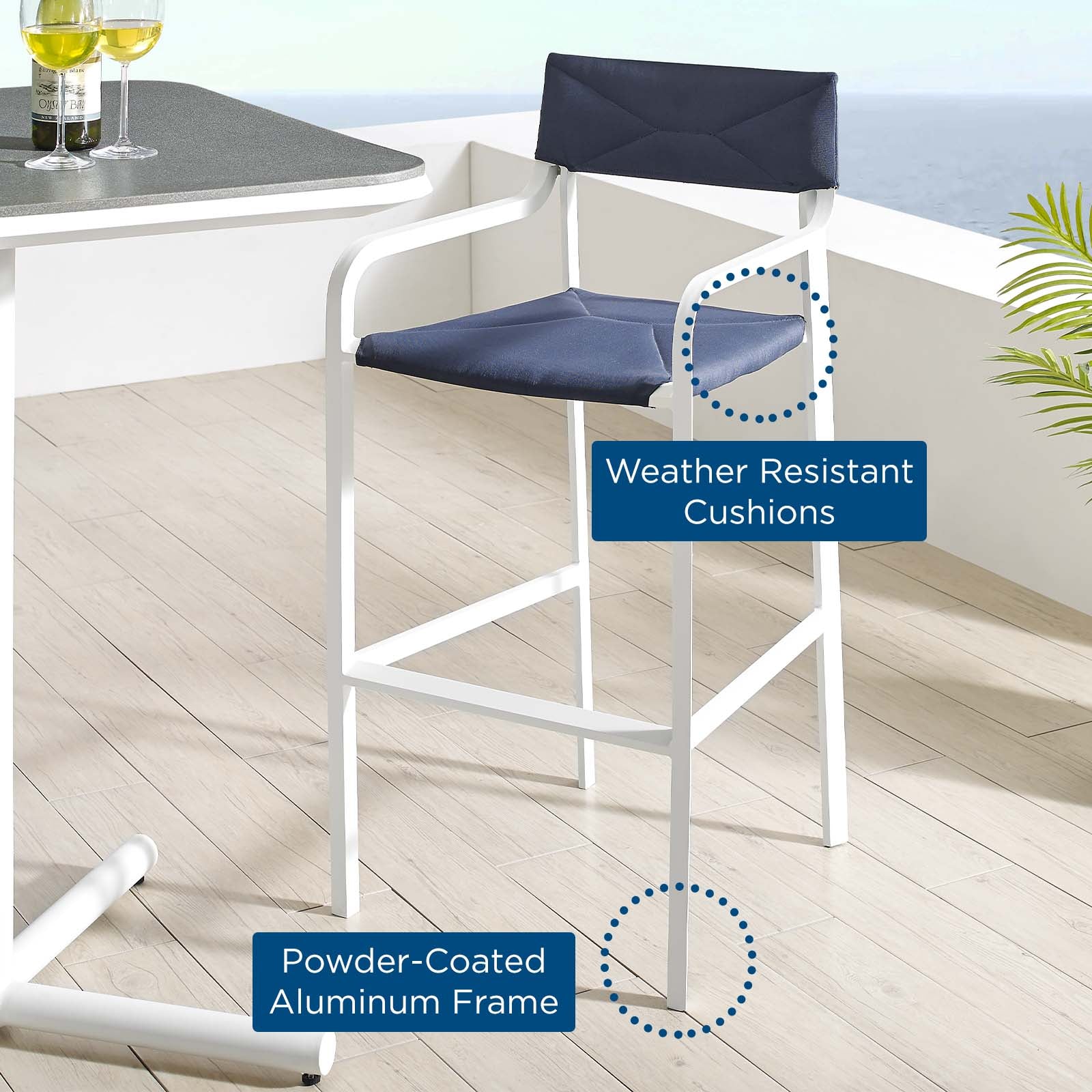 Modway Outdoor Barstools - Raleigh Stackable Outdoor Bar Stool White & Navy