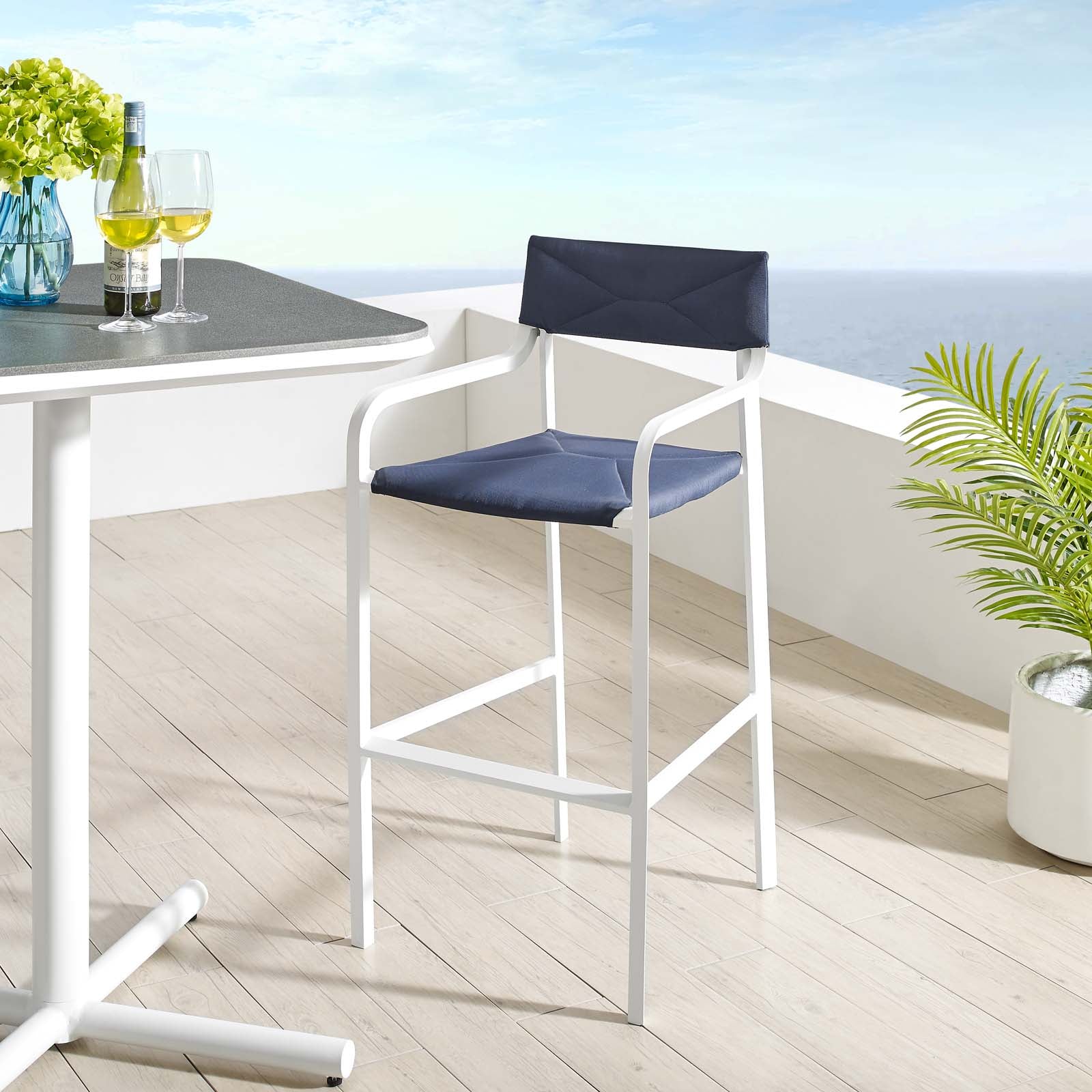 Modway Outdoor Barstools - Raleigh Stackable Outdoor Bar Stool White & Navy