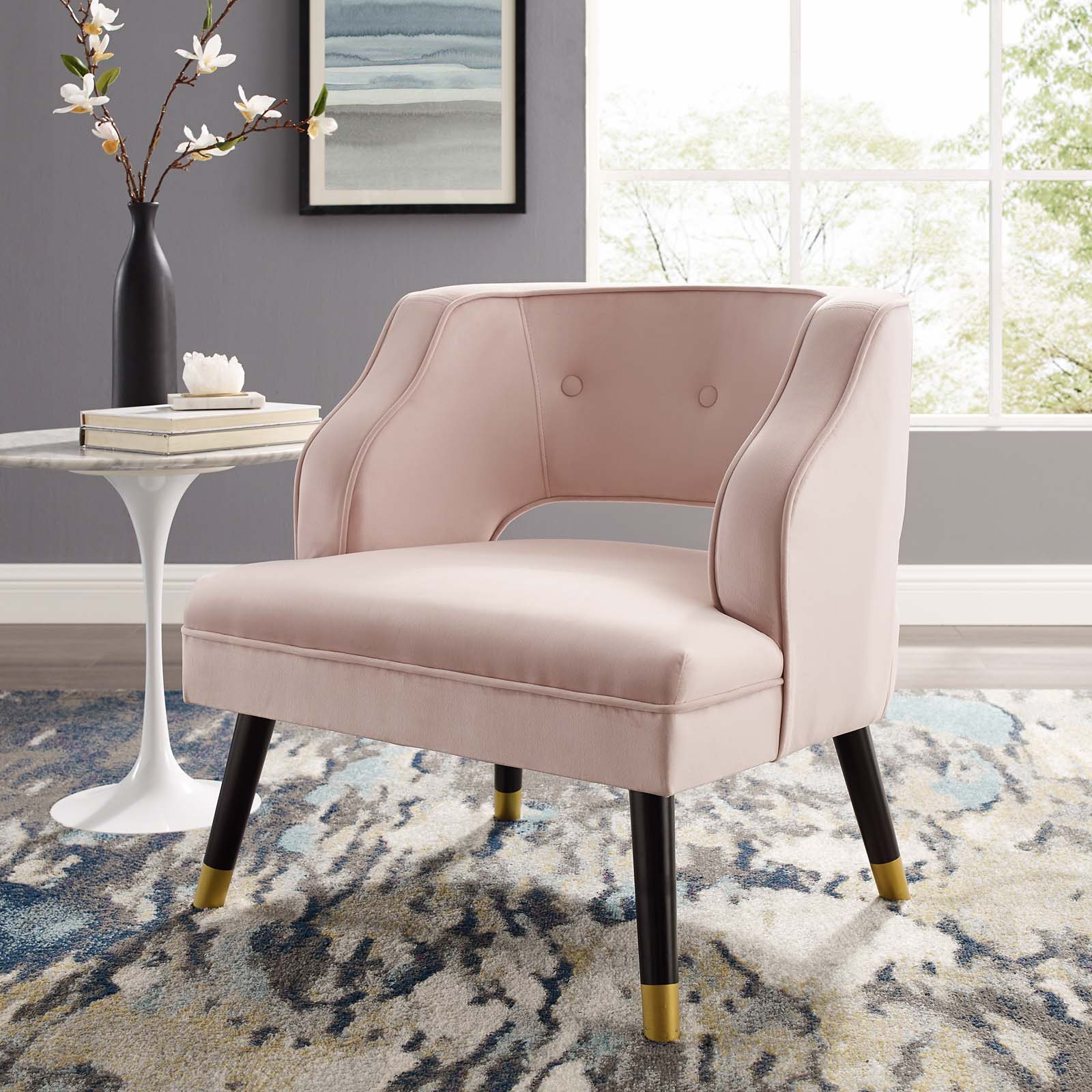 Traipse Button Tufted Open Back Performance Velvet Armchair Pink