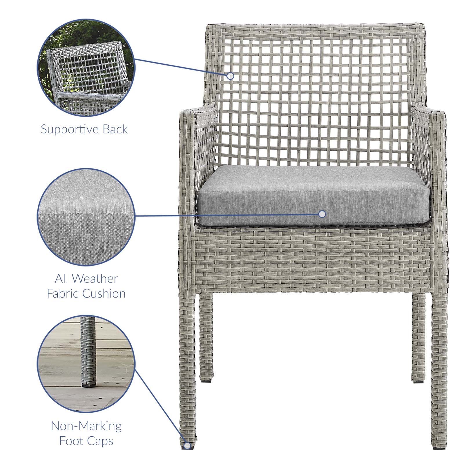 Modway Outdoor Dining Chairs - Aura Dining Armchair Outdoor Patio Wicker Rattan Set of 4 Gray