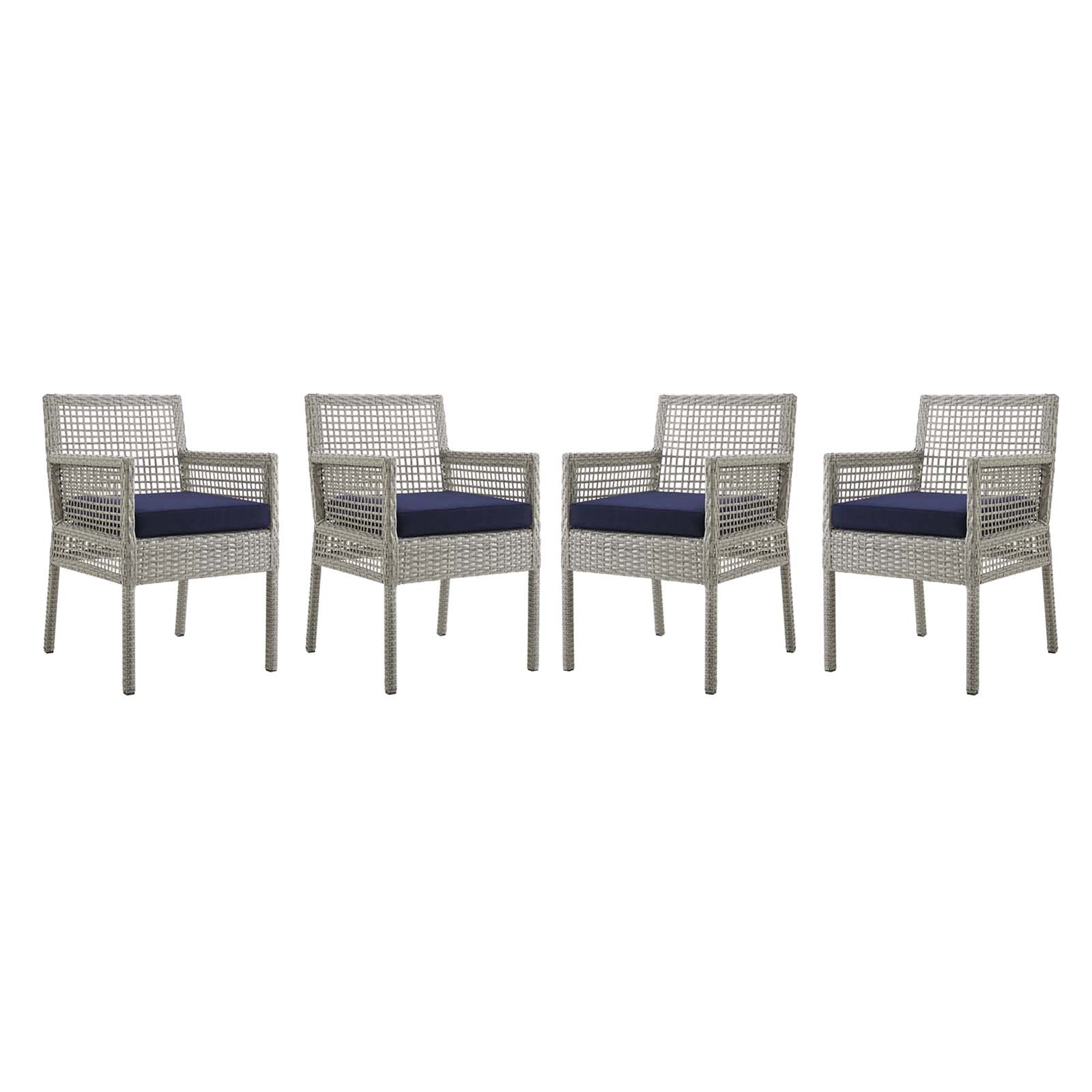 Modway Outdoor Dining Chairs - Aura Dining Armchair Outdoor Patio Wicker Rattan Set of 4 Gray Navy