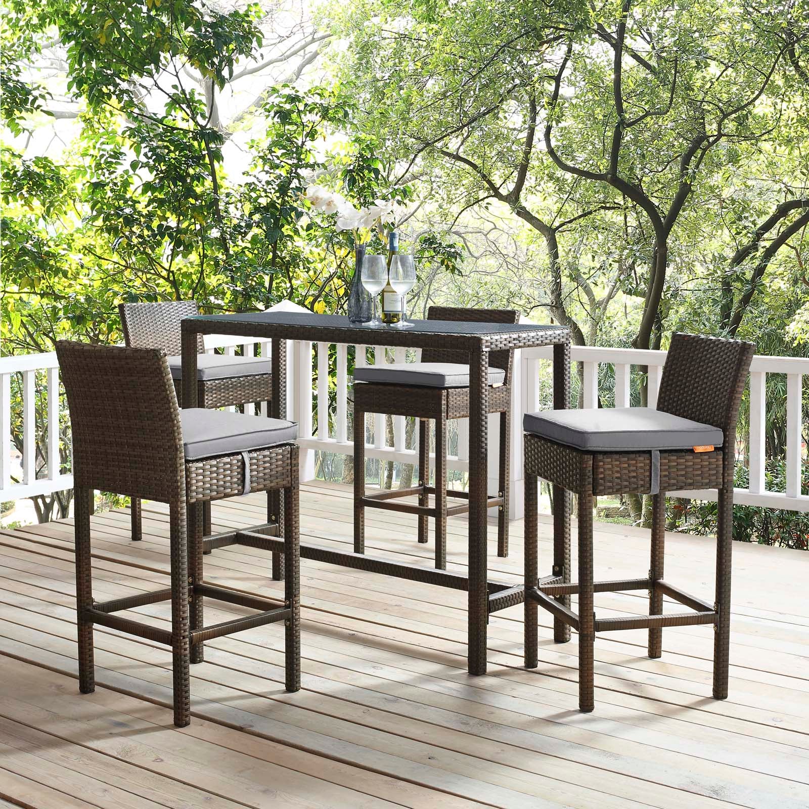 Modway Outdoor Barstools - Conduit Bar Stool Outdoor Patio Wicker Rattan Set of 4 Brown Gray