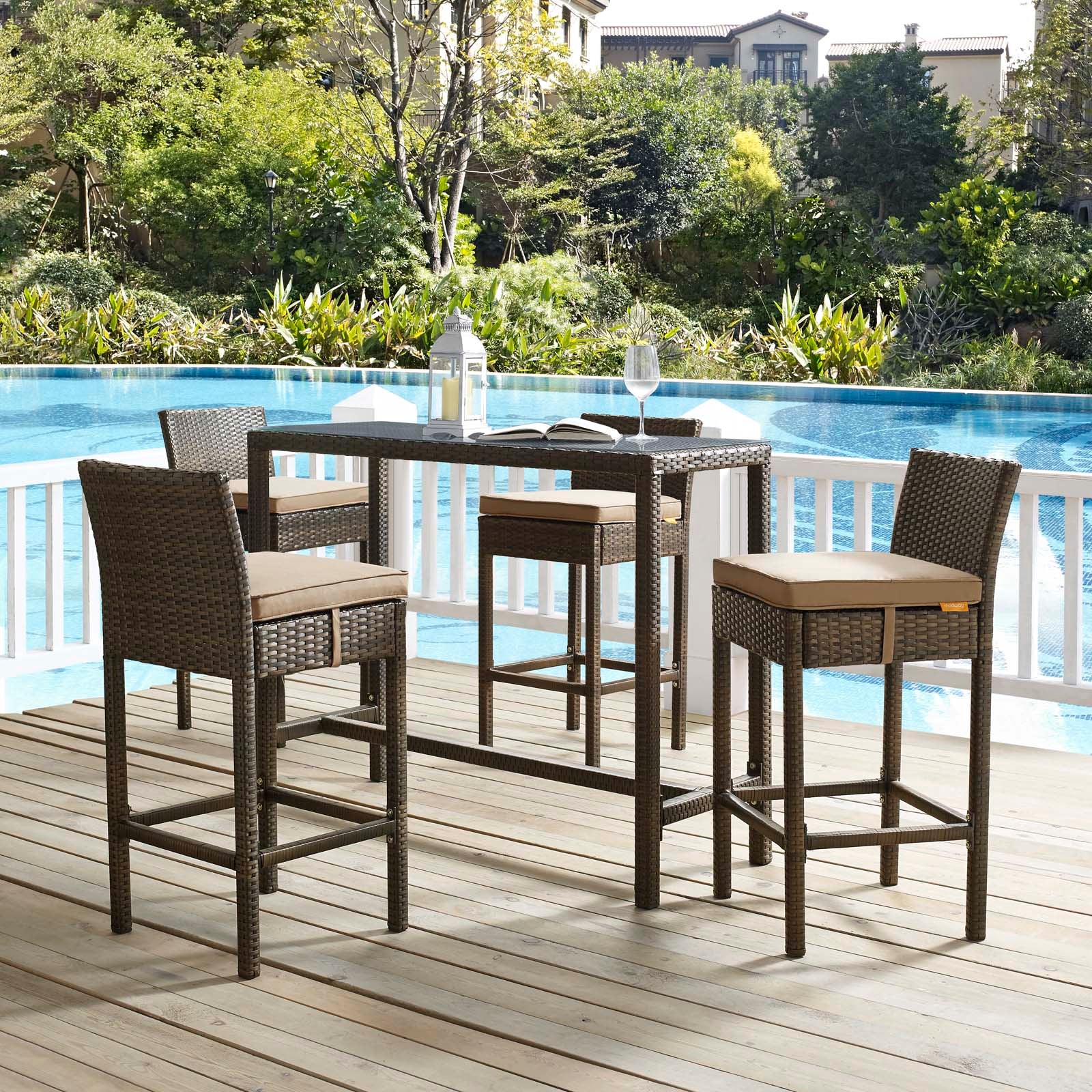 Modway Outdoor Barstools - Conduit Bar Stool Outdoor Patio Wicker Rattan Set of 4 Brown Mocha