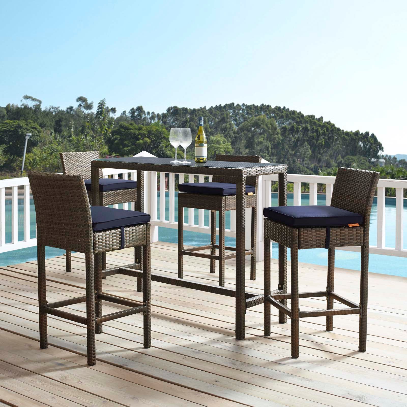 Modway Outdoor Barstools - Conduit Bar Stool Outdoor Patio Wicker Rattan Set of 4 Brown Navy