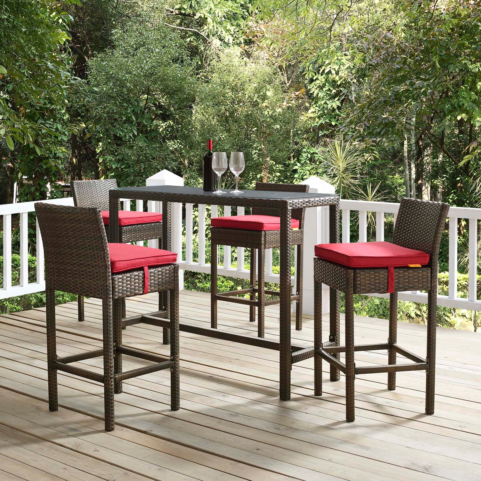 Modway Outdoor Barstools - Conduit Bar Stool Outdoor Patio Wicker Rattan Set of 4 Brown Red