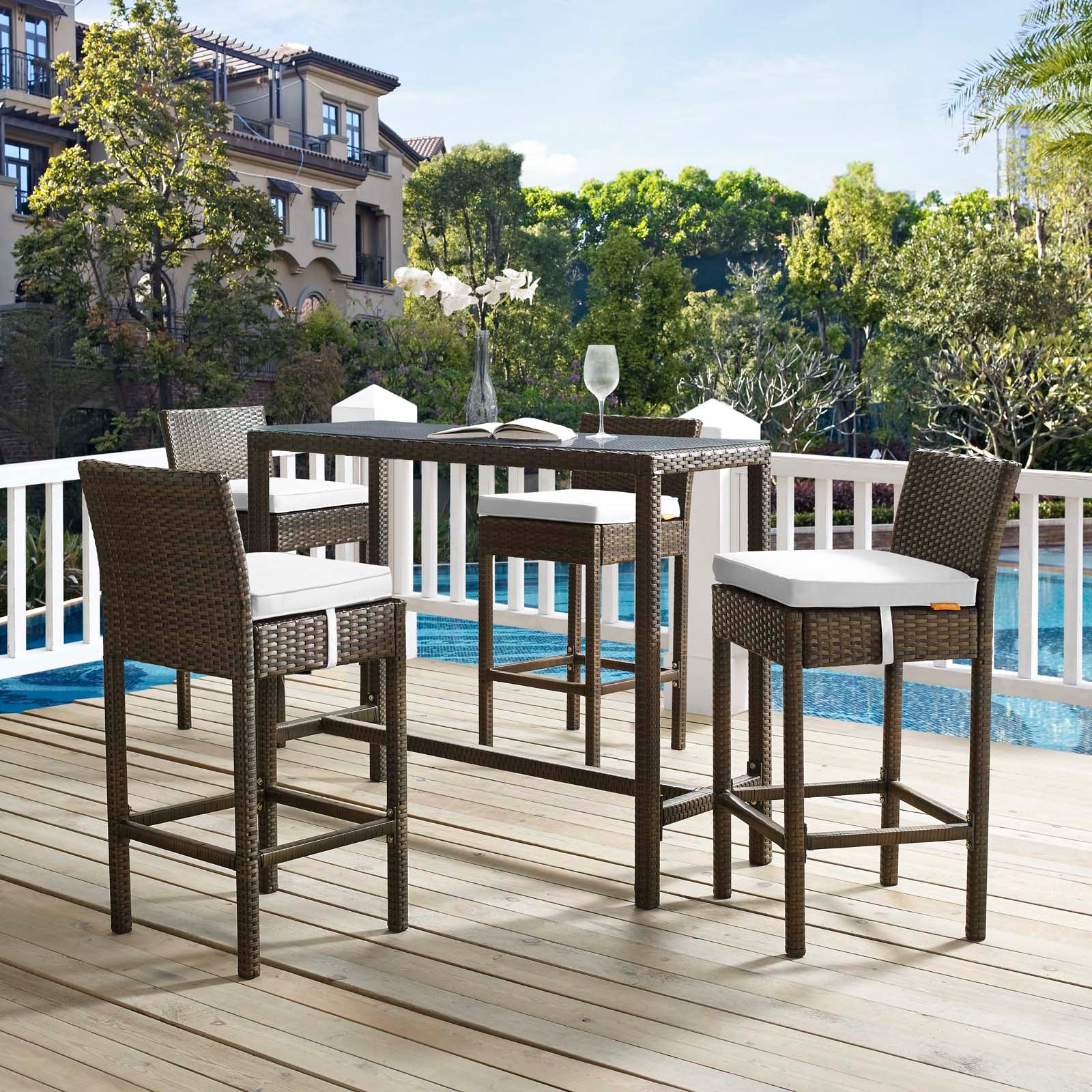 Modway Outdoor Barstools - Conduit Bar Stool Outdoor Patio Wicker Rattan Set of 4 Brown White