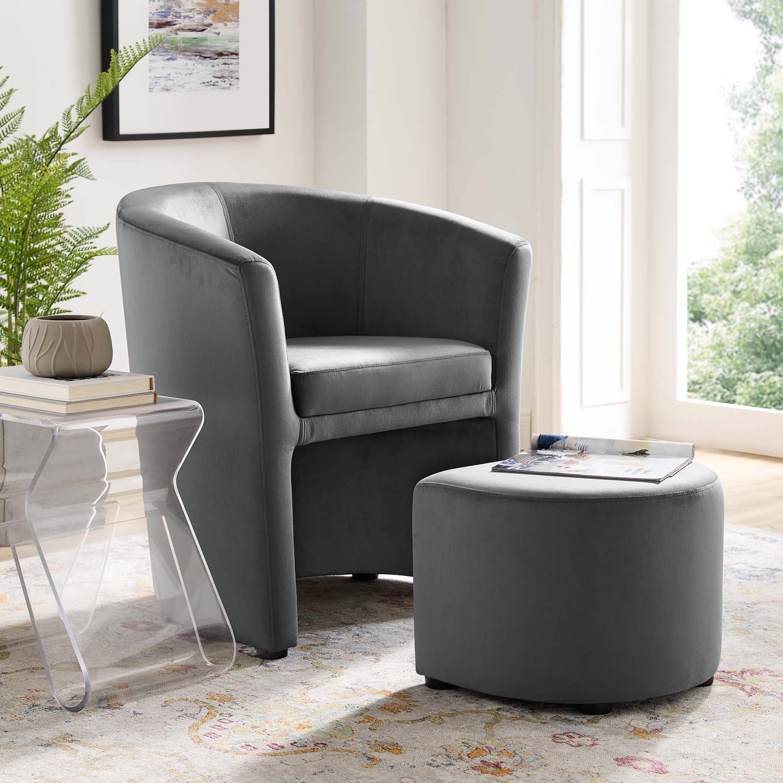 Modway Living Room Sets - Divulge Performance Velvet Arm Chair and Ottoman Set Gray