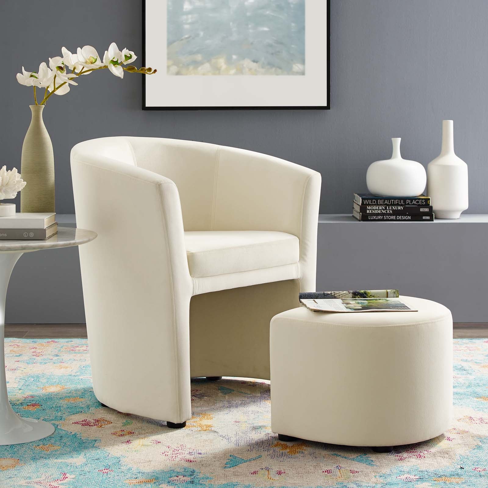 Modway Ottomans & Stools - Divulge Performance Velvet Arm Chair and Ottoman Set Ivory