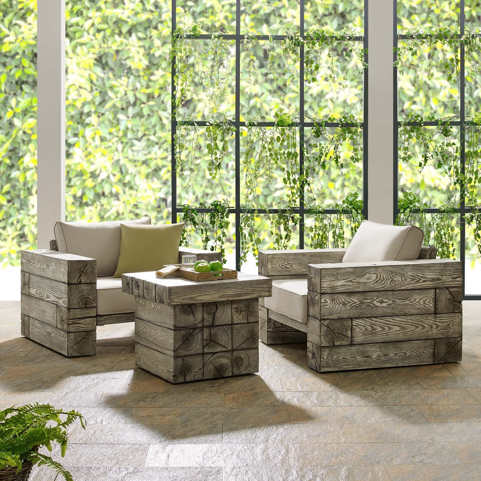 Modway Outdoor Conversation Sets - Manteo Rustic Coastal Outdoor Patio Sunbrella 3 Piece Set Light Gray Beige 105"